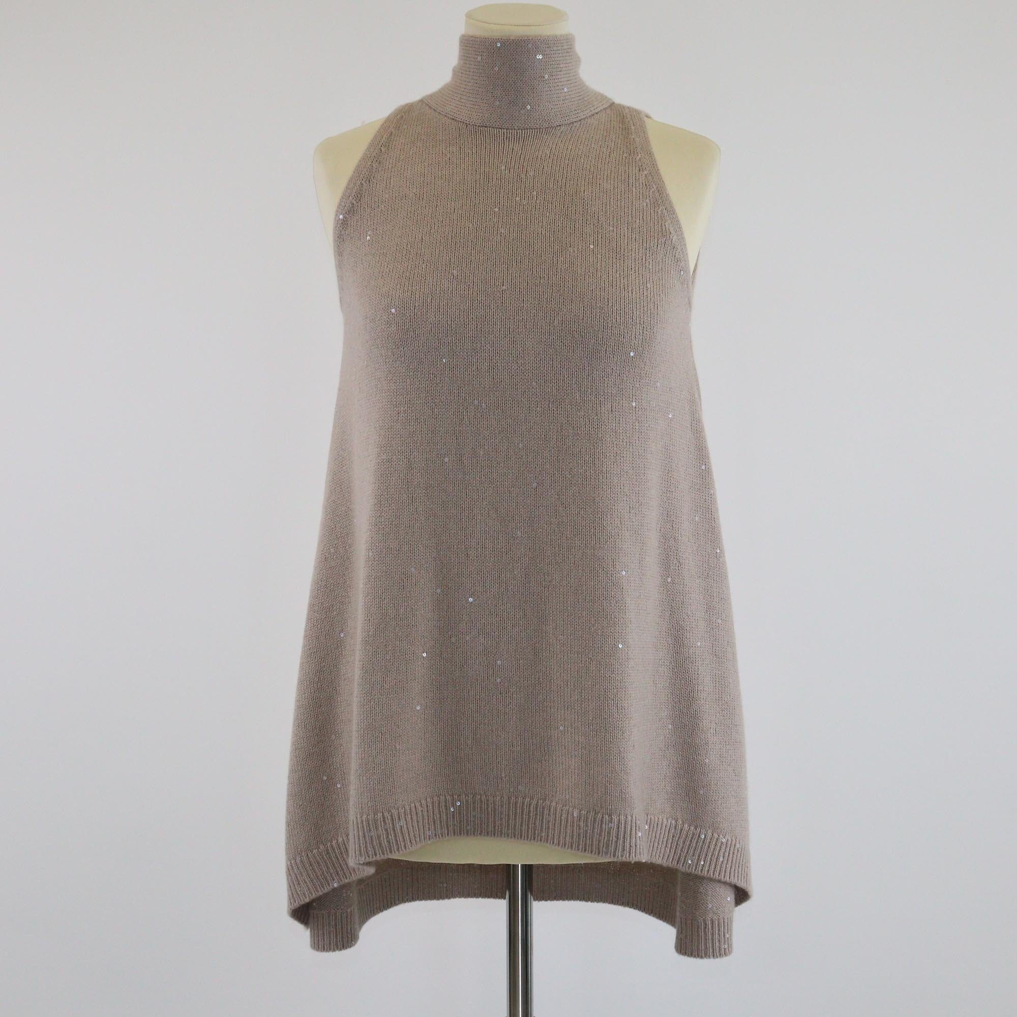 Brunello Cucinelli Beige Knit Sequin Neck Tie Detail Top Womens Brunello Cucinelli