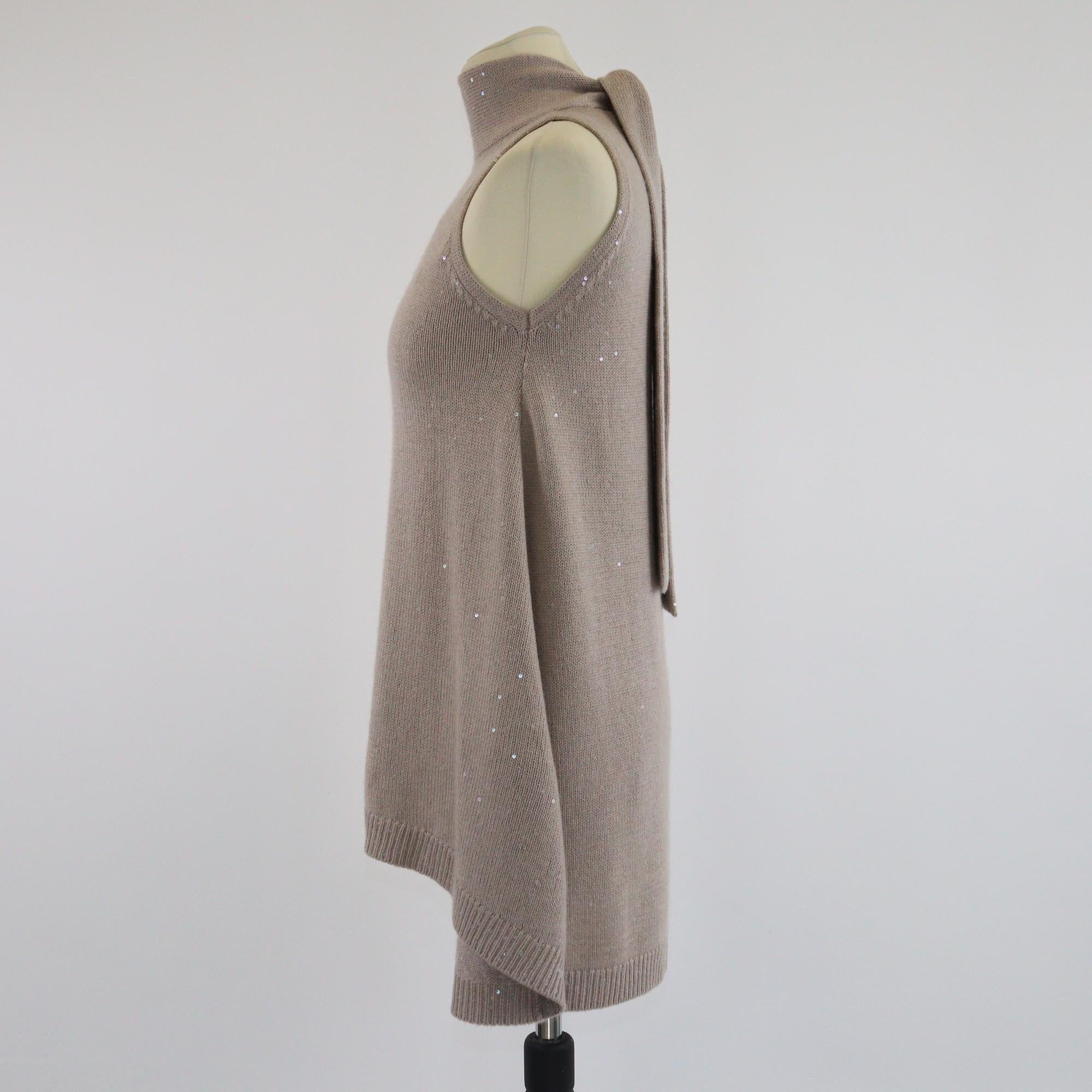 Brunello Cucinelli Beige Knit Sequin Neck Tie Detail Top Womens Brunello Cucinelli