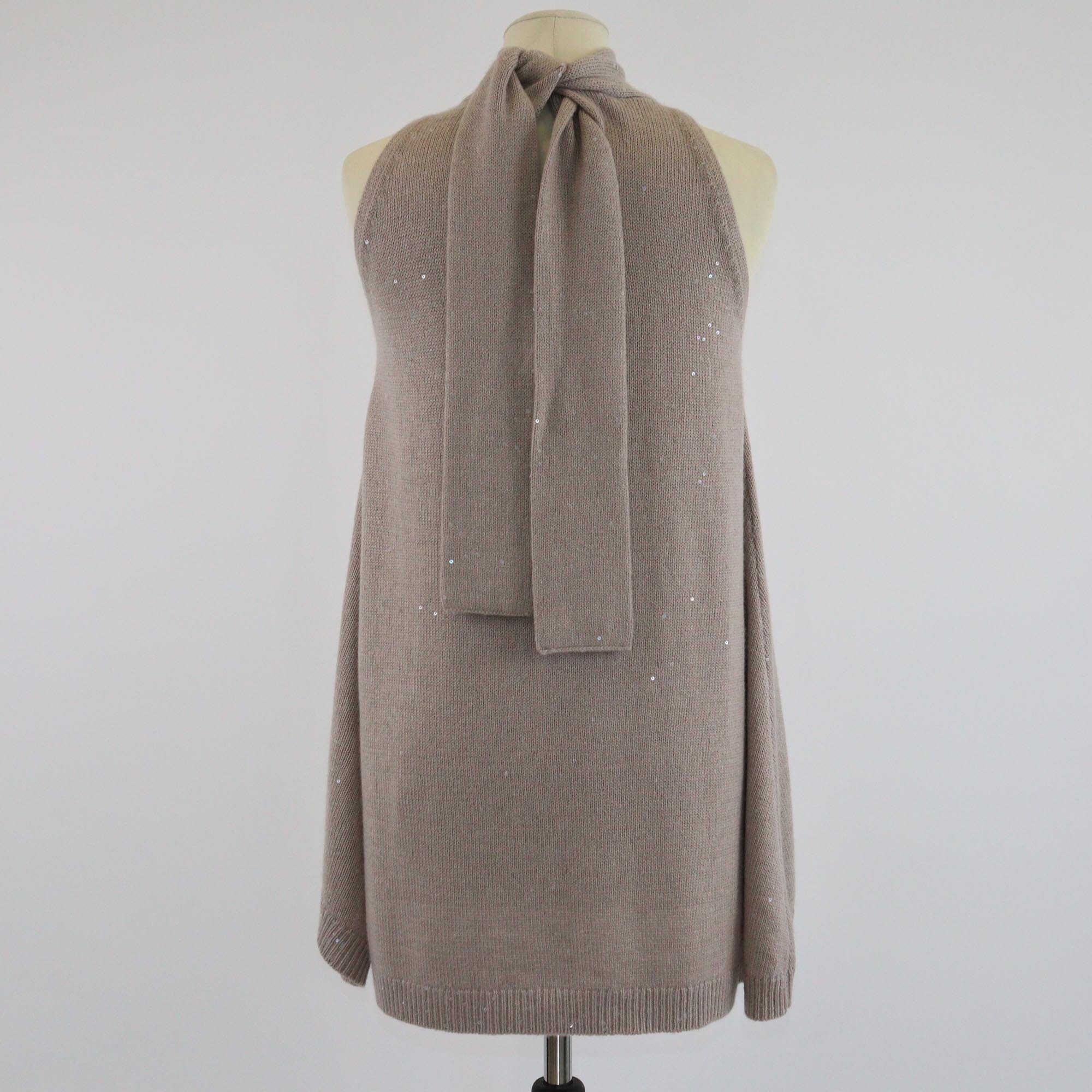 Brunello Cucinelli Beige Knit Sequin Neck Tie Detail Top Womens Brunello Cucinelli