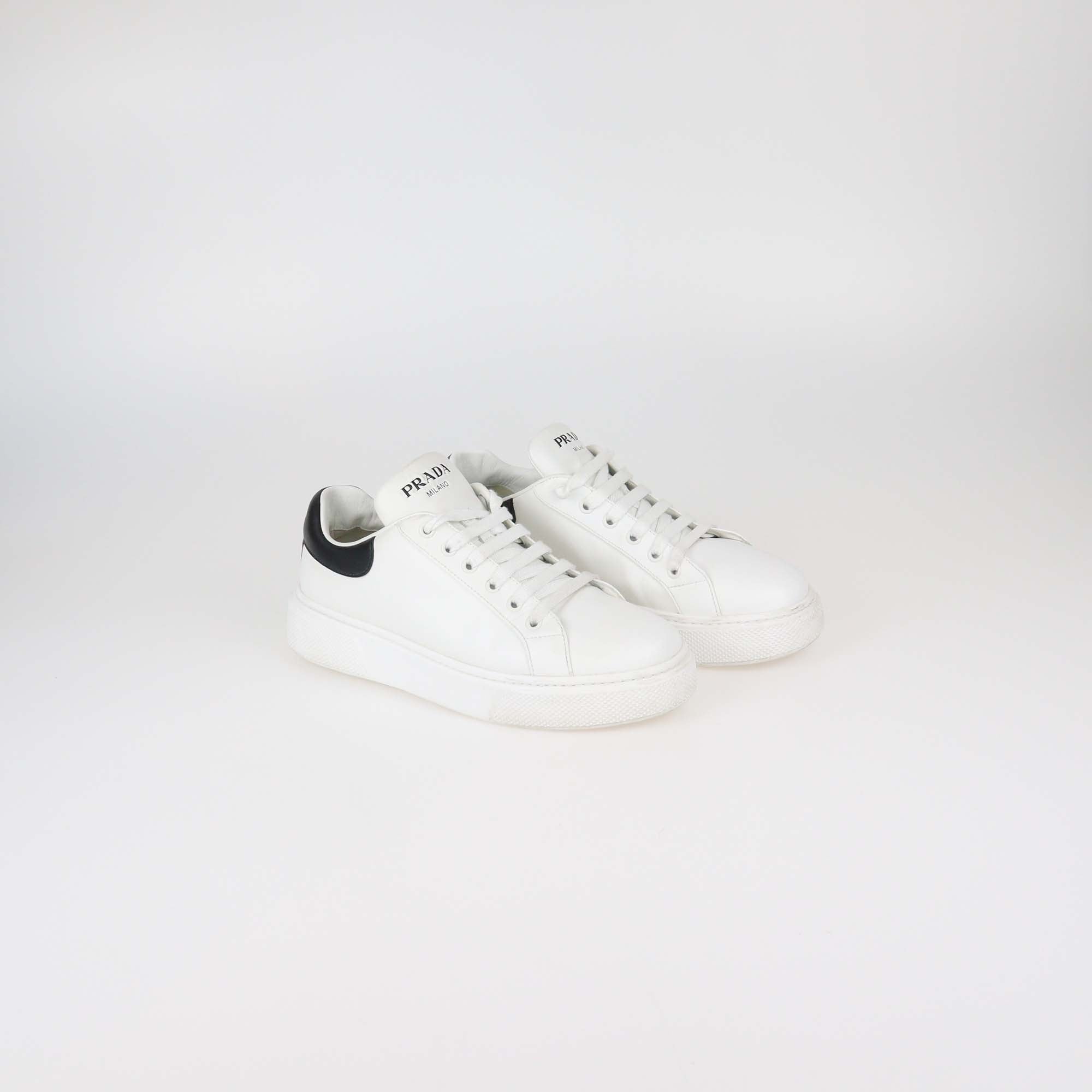 Prada White/Black Leather Macro Lace Up Sneakers