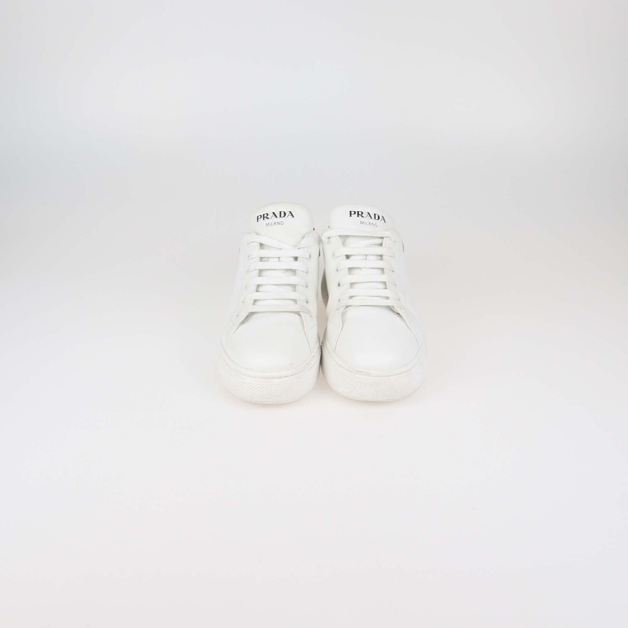 Prada White/Black Leather Macro Lace Up Sneakers