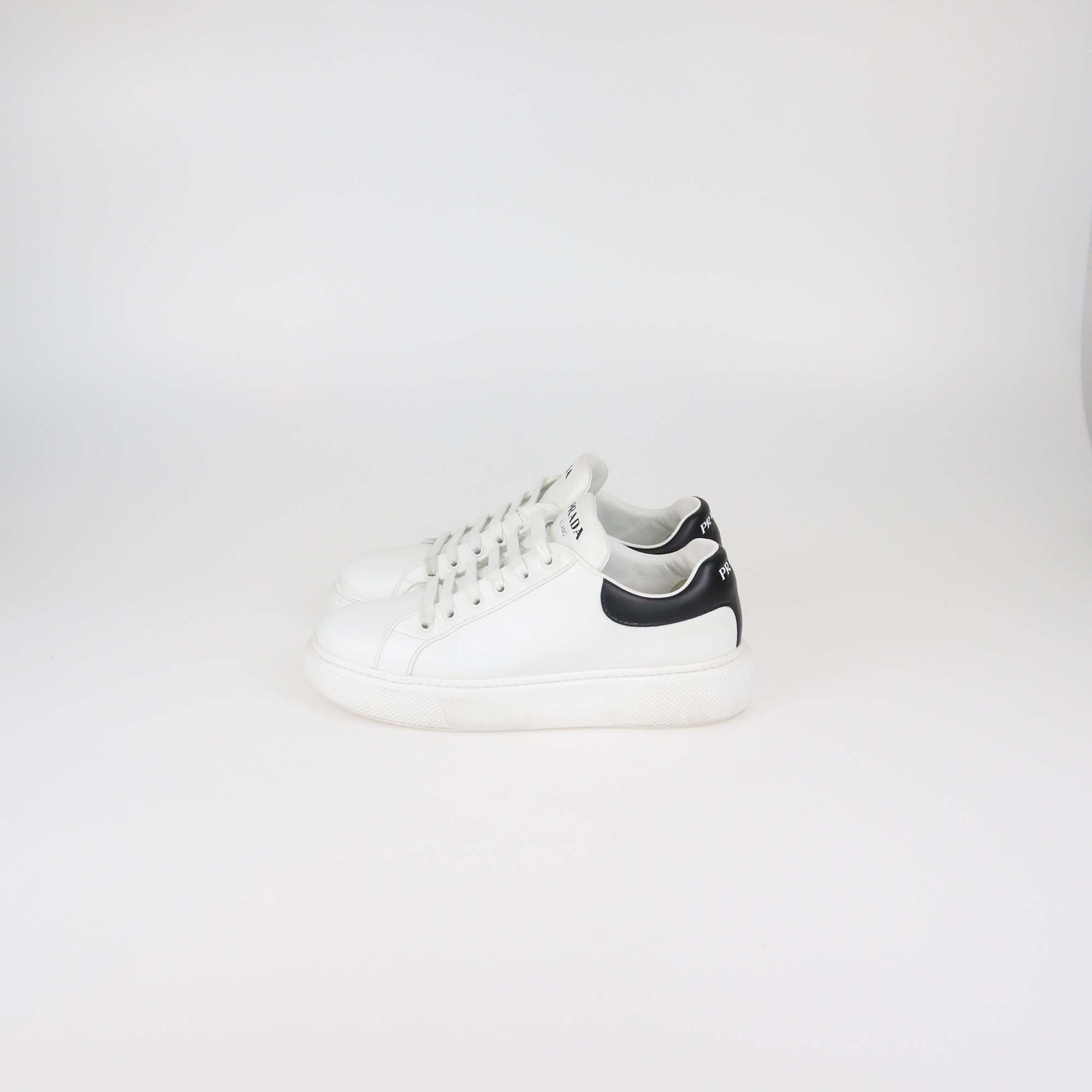 Prada White/Black Leather Macro Lace Up Sneakers