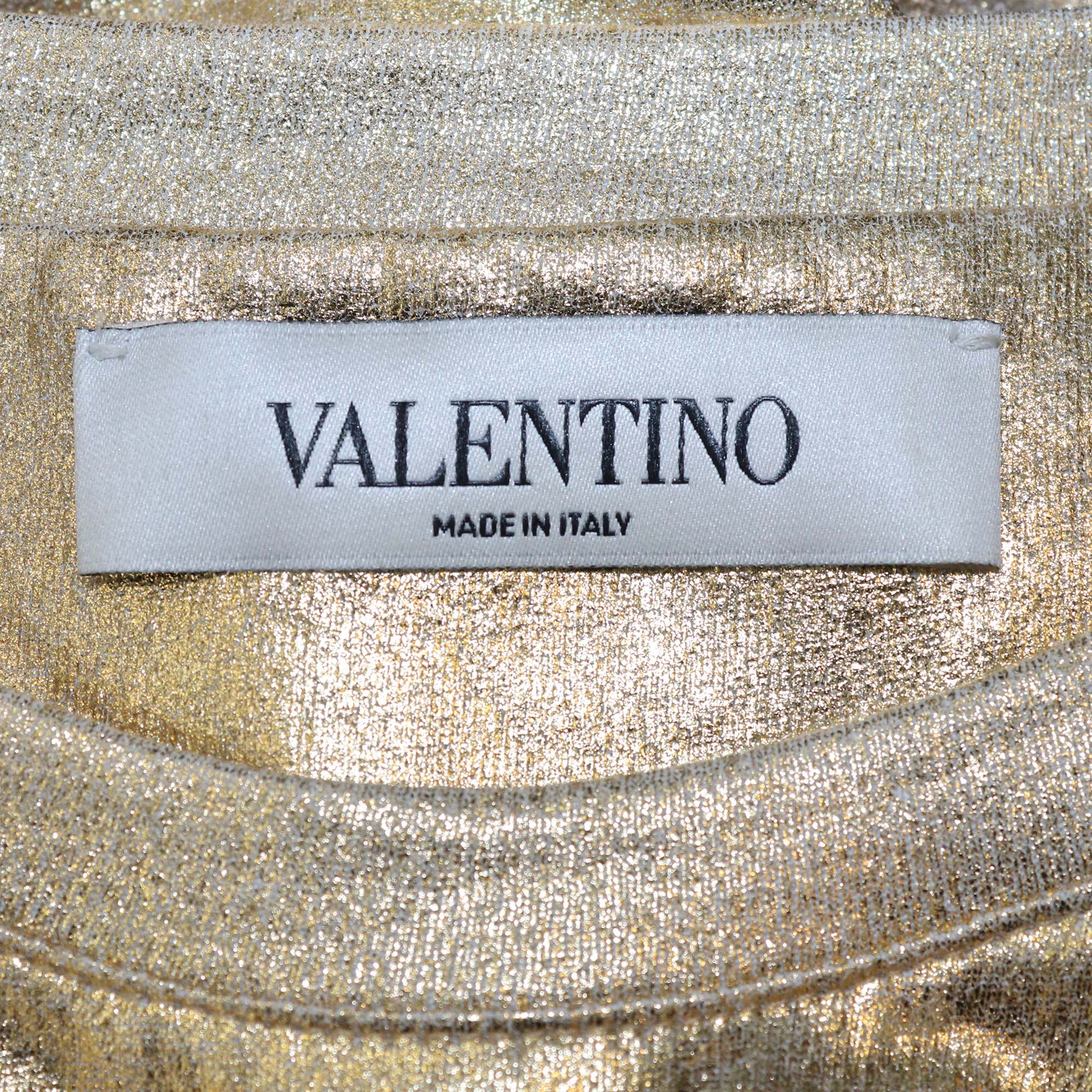 Valentino Gold/White Cotton Pleated Short Sleeve Midi Dress