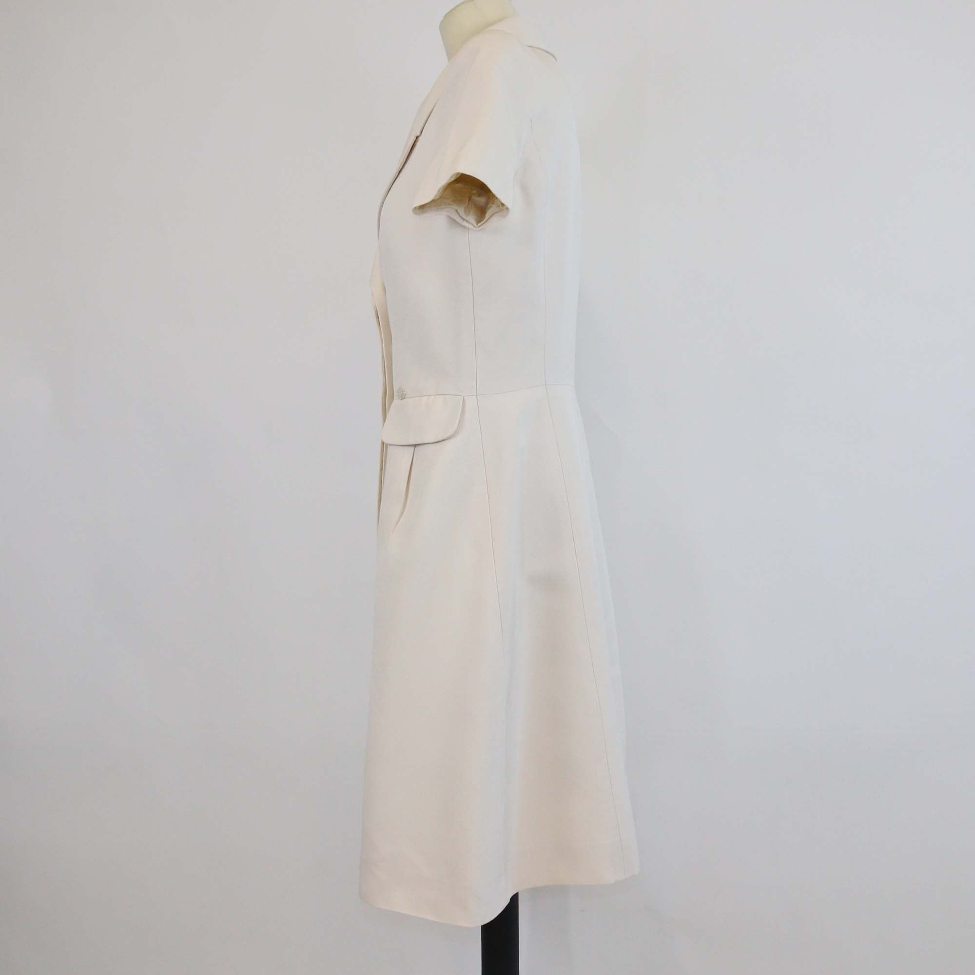 Chanel Cream Silk Shirt Sleeve Padded Shoulder Midi Dress