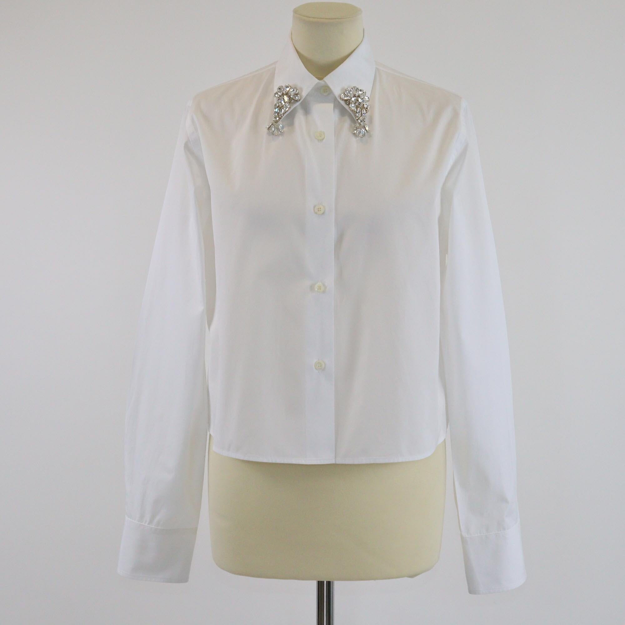 Prada White Crystal Embellish Cropped Long Sleeve Shirt Womens Prada