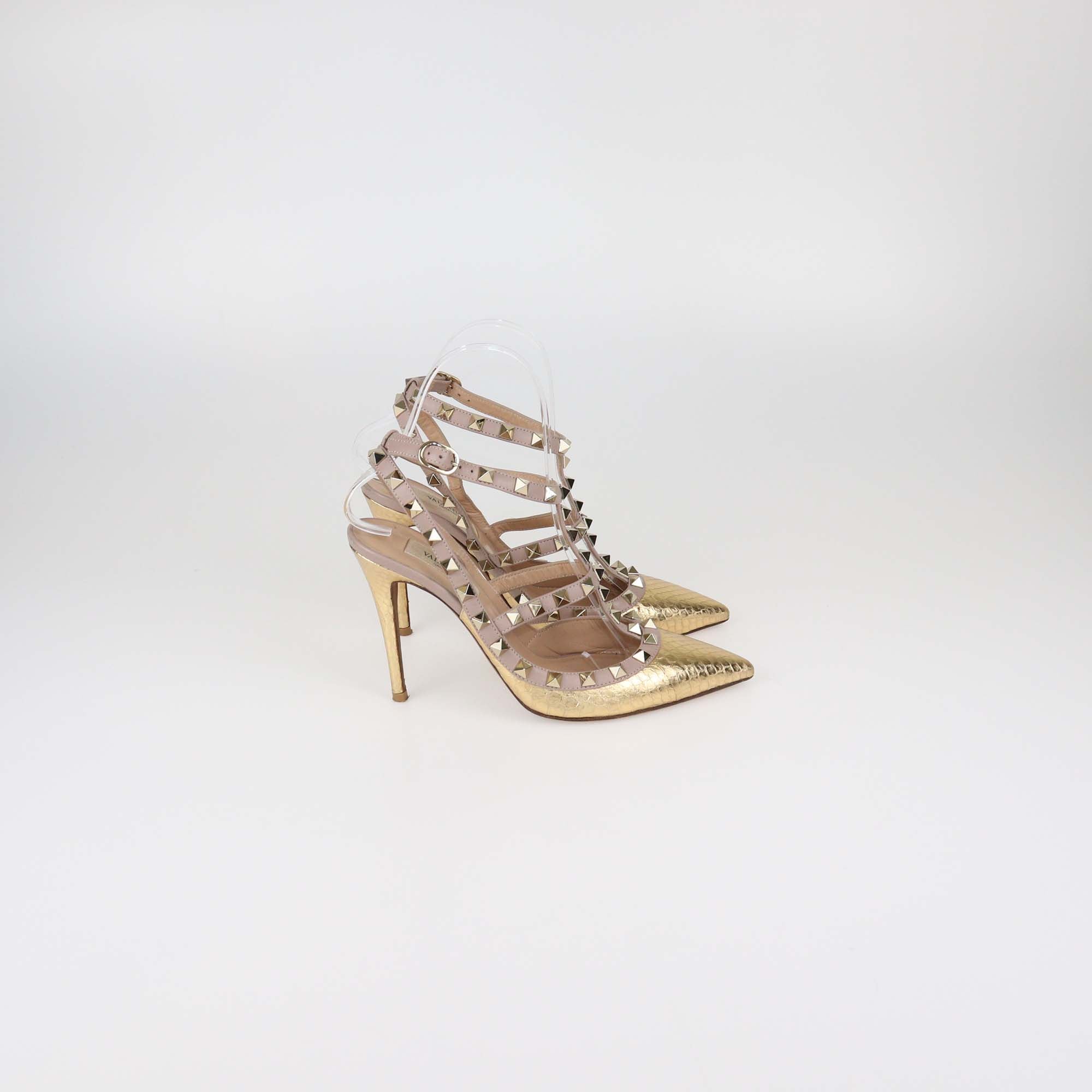 Valentino Gold/Rose Gold Water Snakeskin and Leather Rockstud Ankle Strap Pumps