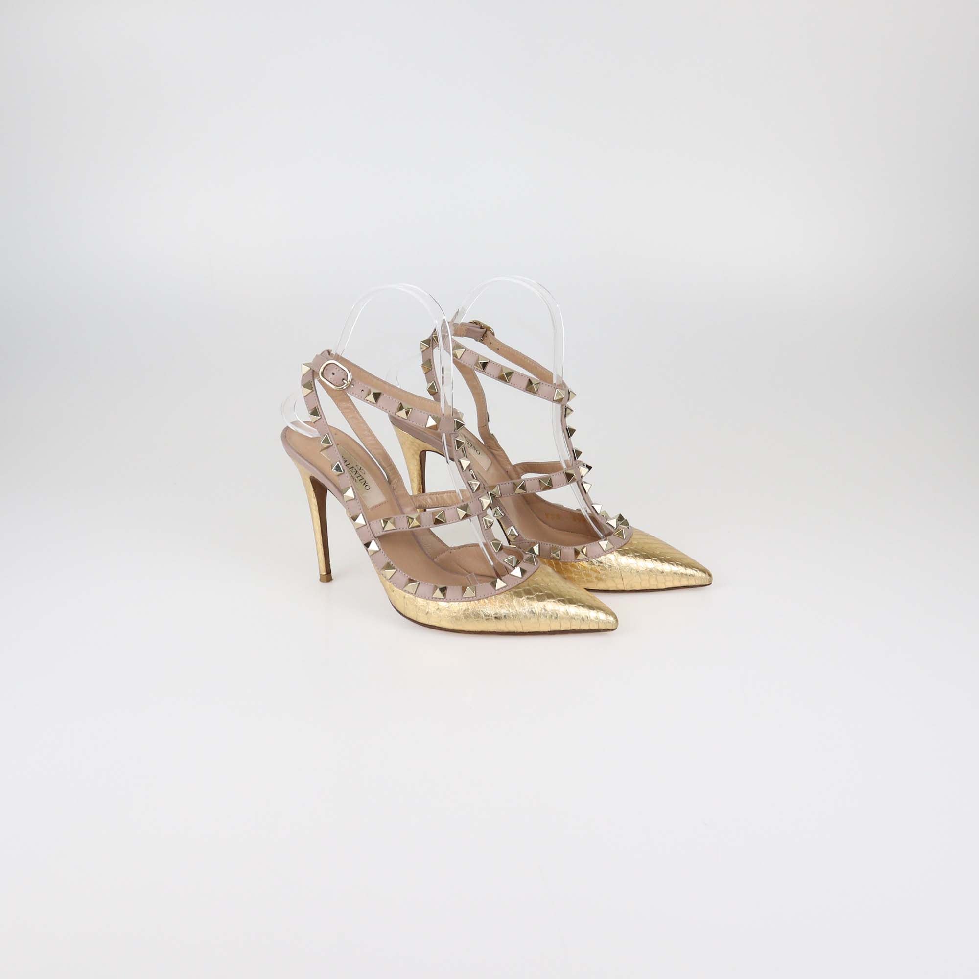Valentino Gold/Rose Gold Water Snakeskin and Leather Rockstud Ankle Strap Pumps