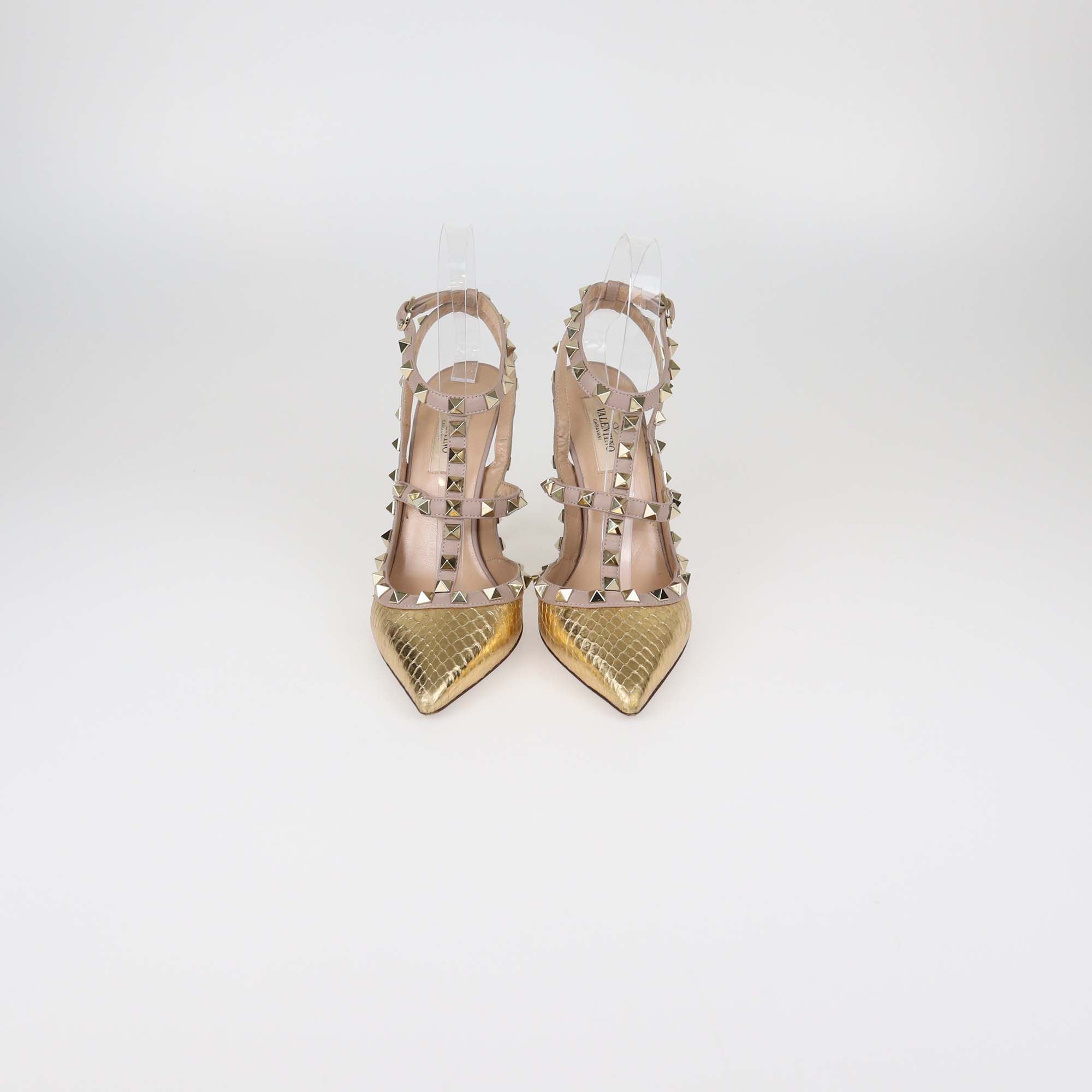 Valentino Gold/Rose Gold Water Snakeskin and Leather Rockstud Ankle Strap Pumps