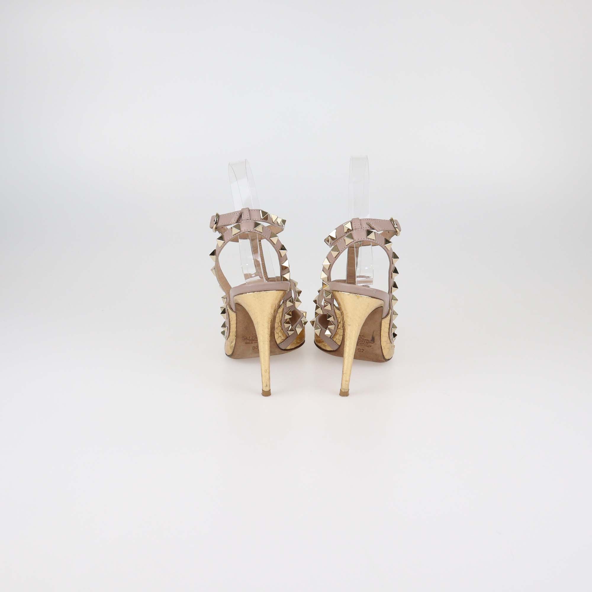 Valentino Gold/Rose Gold Water Snakeskin and Leather Rockstud Ankle Strap Pumps