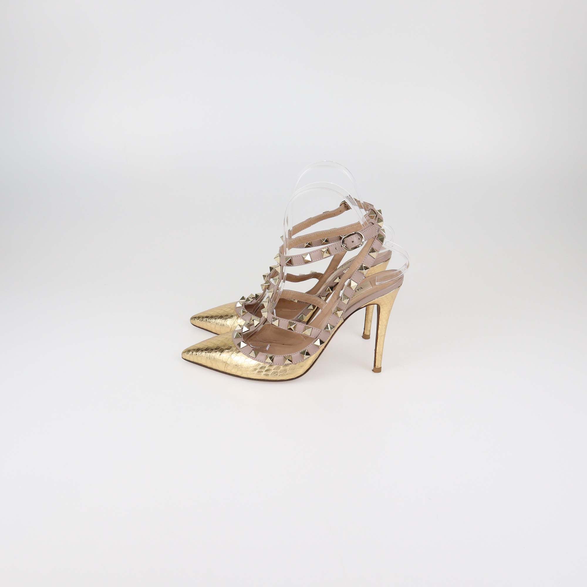 Valentino Gold/Rose Gold Water Snakeskin and Leather Rockstud Ankle Strap Pumps