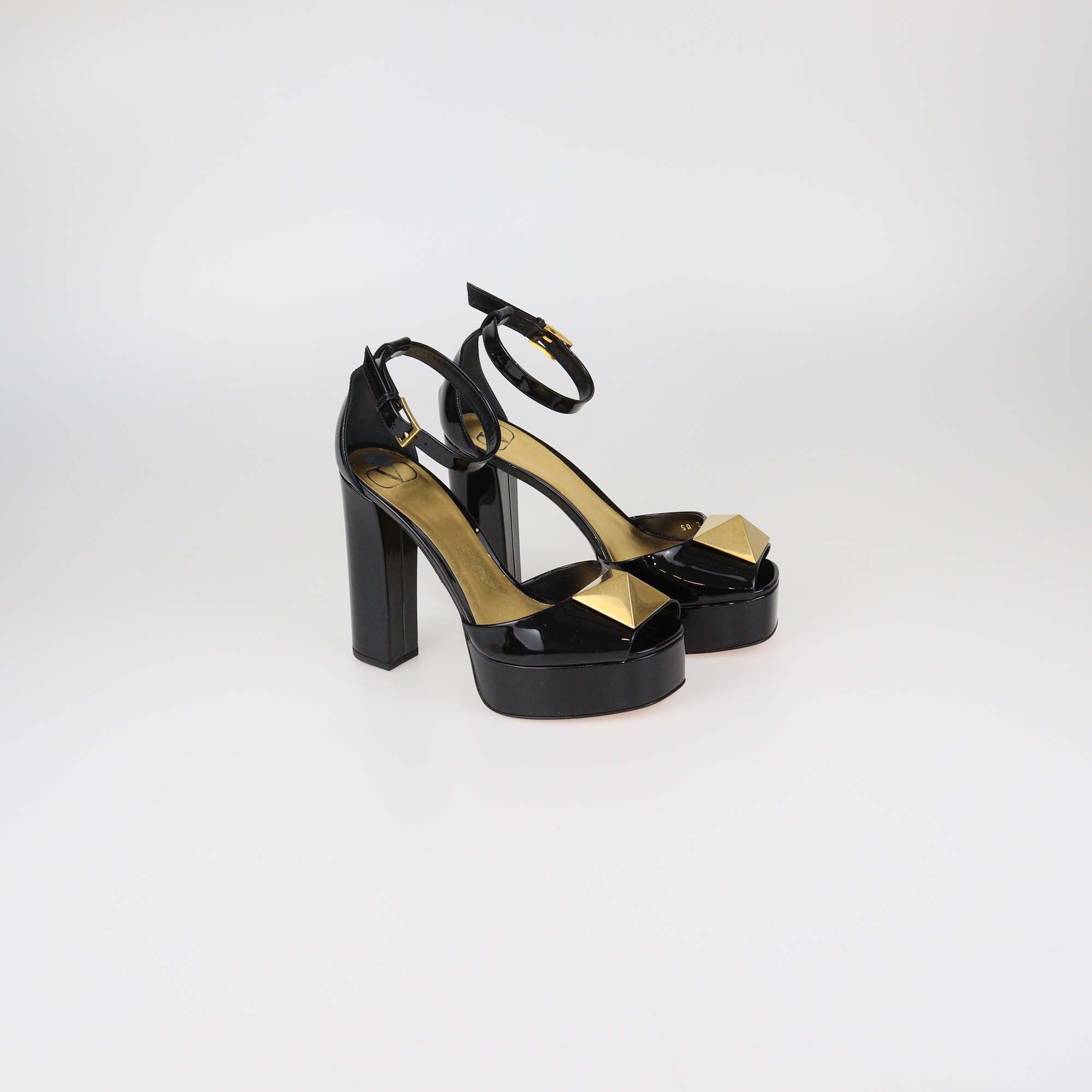 Valentino Black Patent Leather One Stud Platform Ankle Strap Sandals