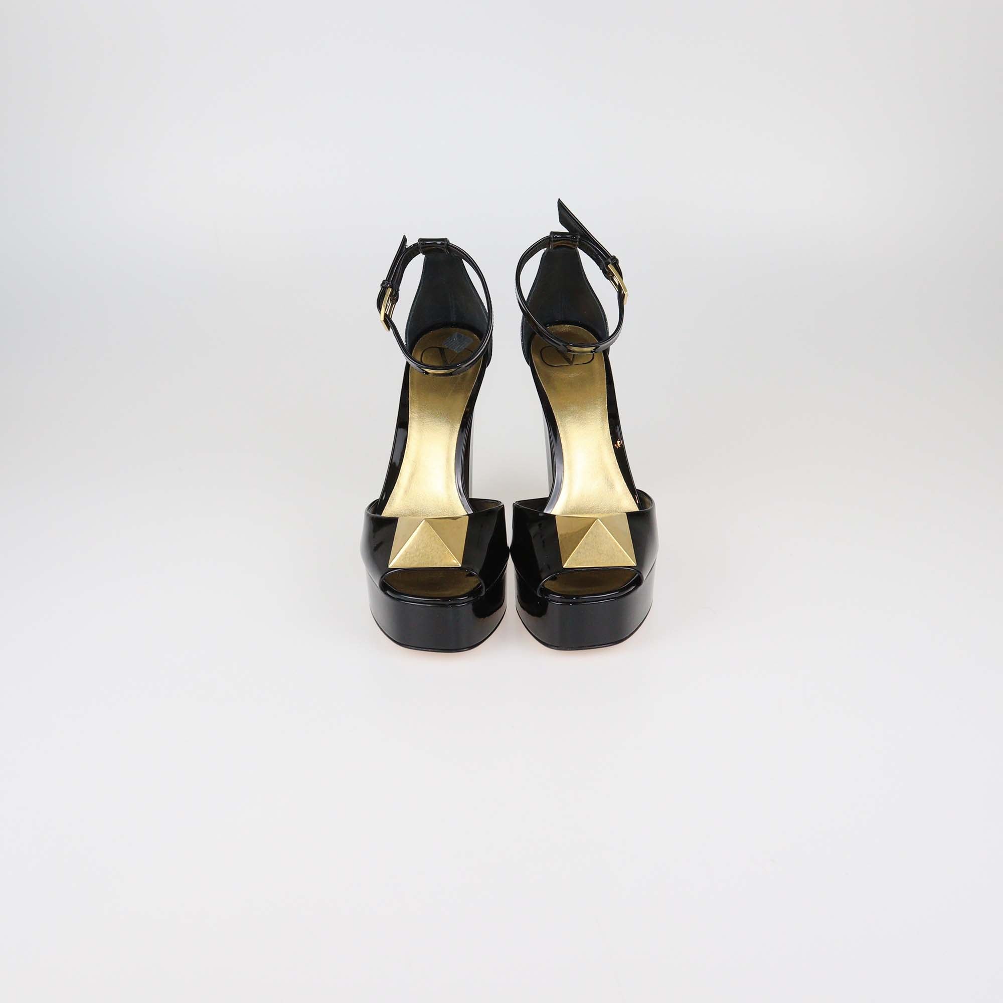 Valentino Black Patent Leather One Stud Platform Ankle Strap Sandals