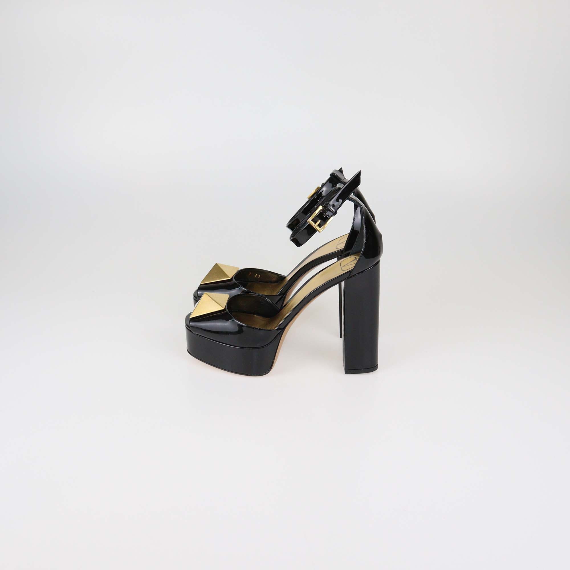 Valentino Black Patent Leather One Stud Platform Ankle Strap Sandals