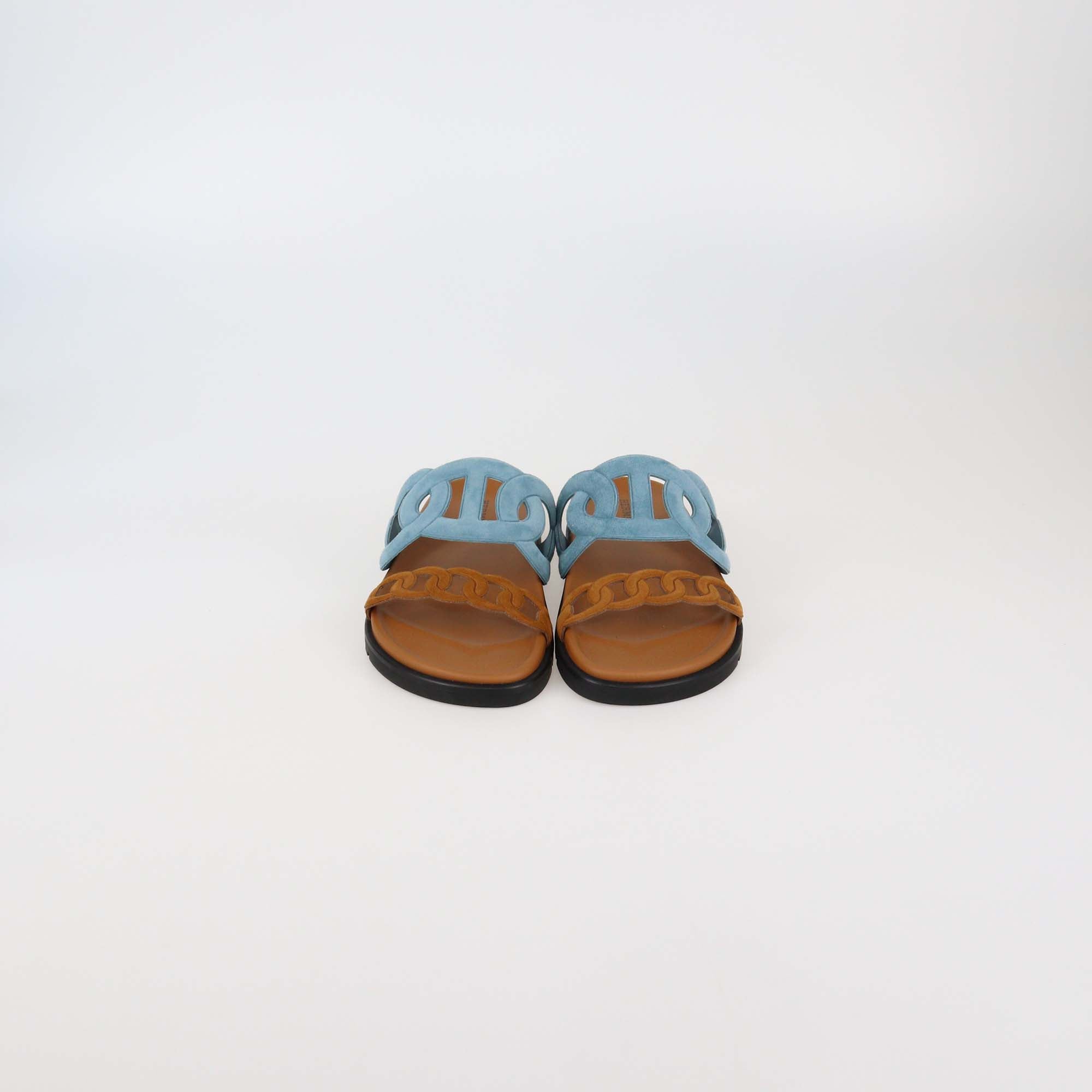 Hermes Bleu Cristaux/Naturel Suede Extra Sandals