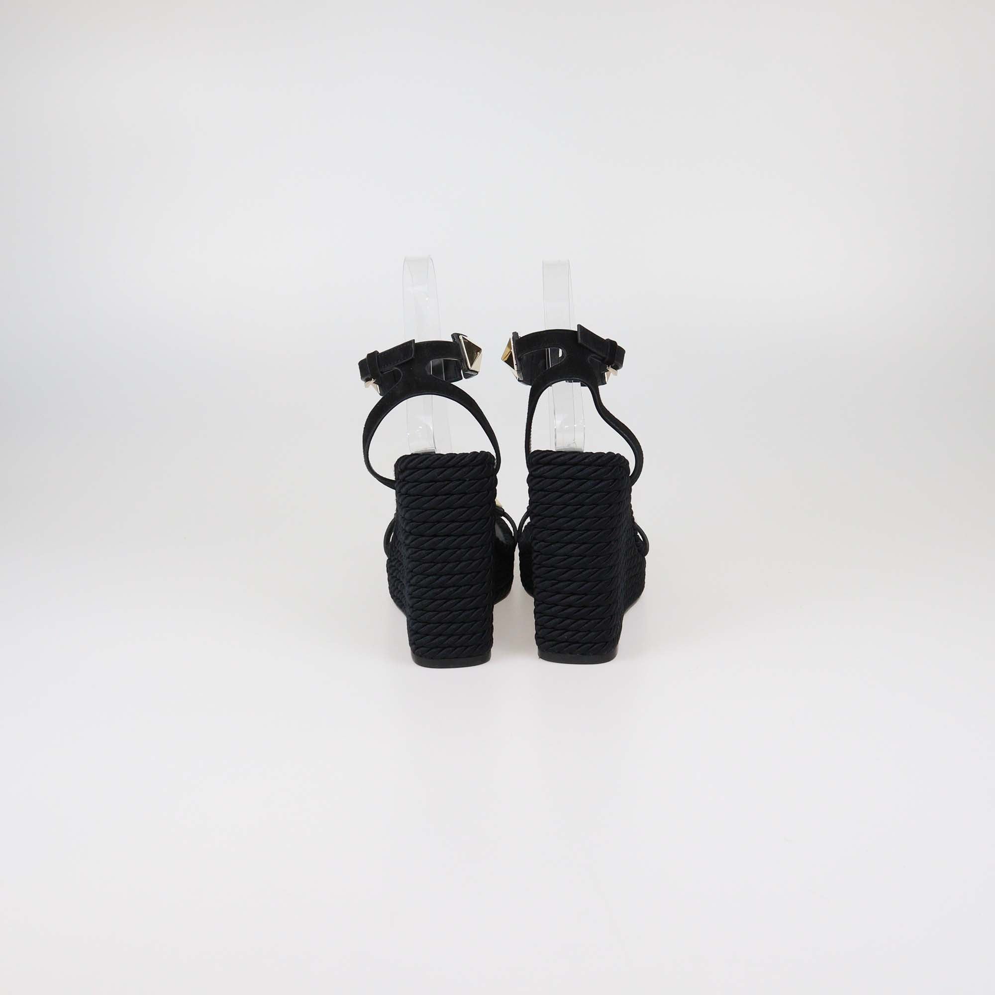 Valentino Black Suede Roman Studs Wedge Espadrille Sandals