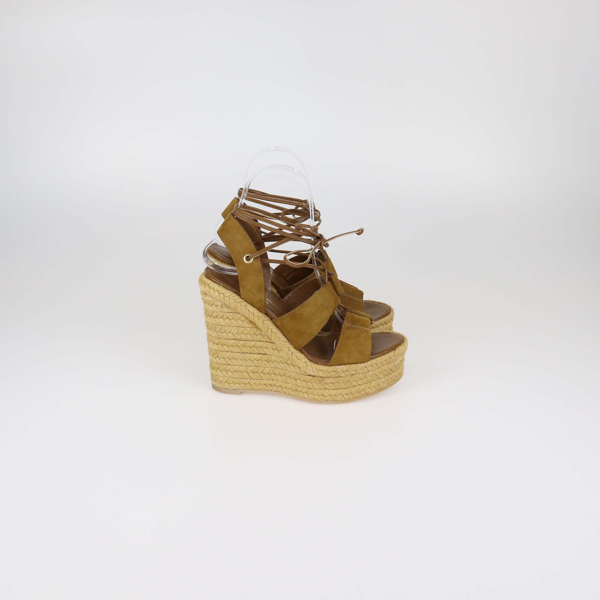 Saint Laurent Brown Suede and Leather Lace Up Espadrille Wedge Sandals