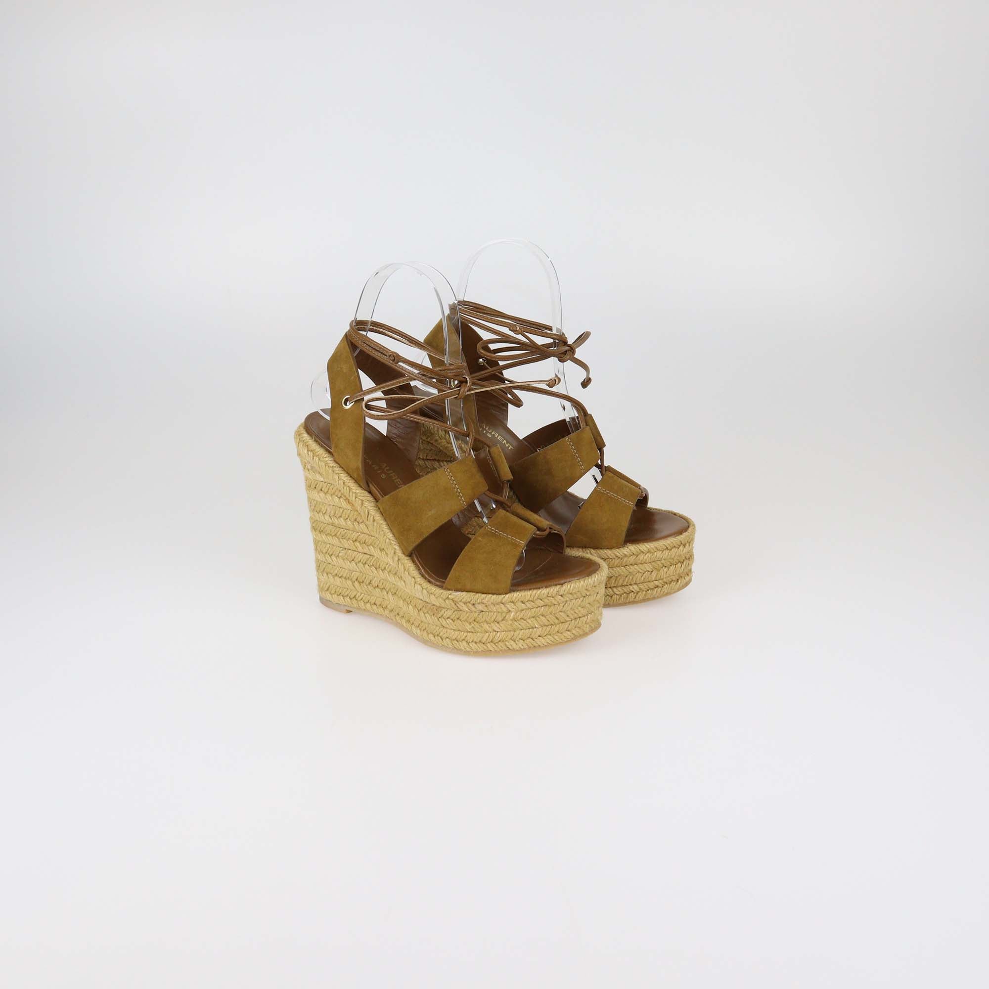 Saint Laurent Brown Suede and Leather Lace Up Espadrille Wedge Sandals