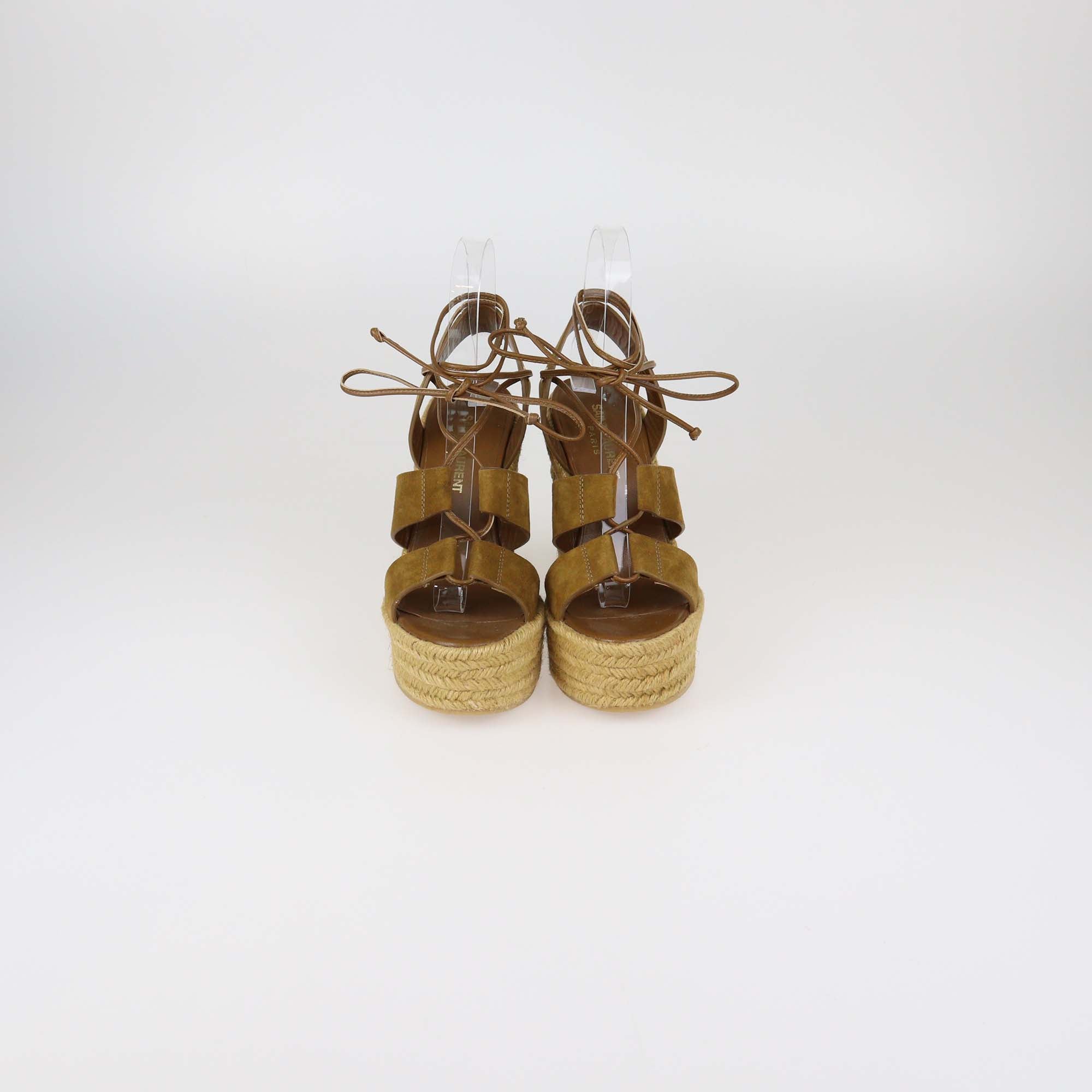 Saint Laurent Brown Suede and Leather Lace Up Espadrille Wedge Sandals