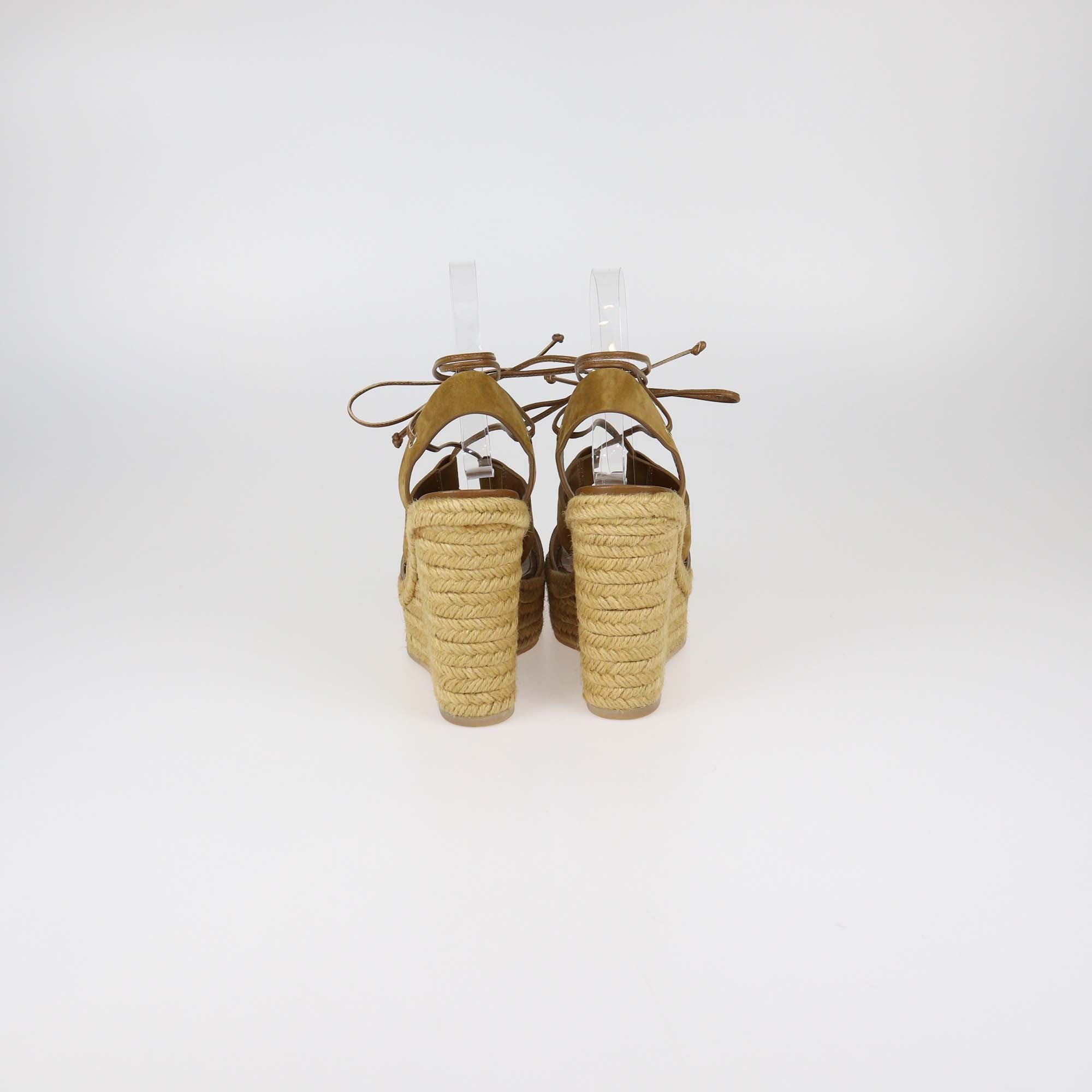 Saint Laurent Brown Suede and Leather Lace Up Espadrille Wedge Sandals