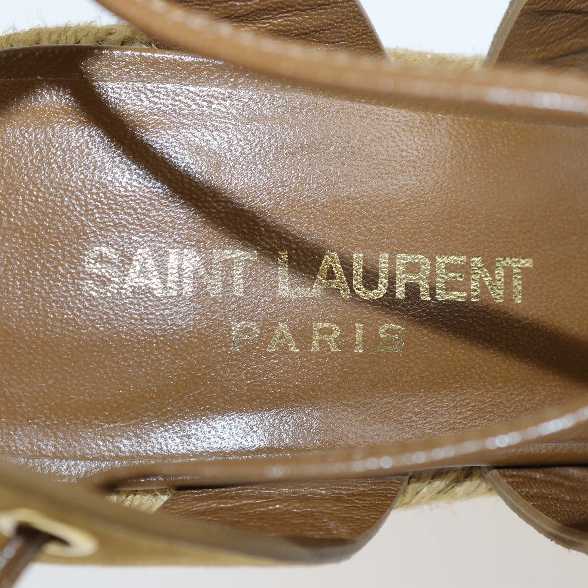 Saint Laurent Brown Suede and Leather Lace Up Espadrille Wedge Sandals