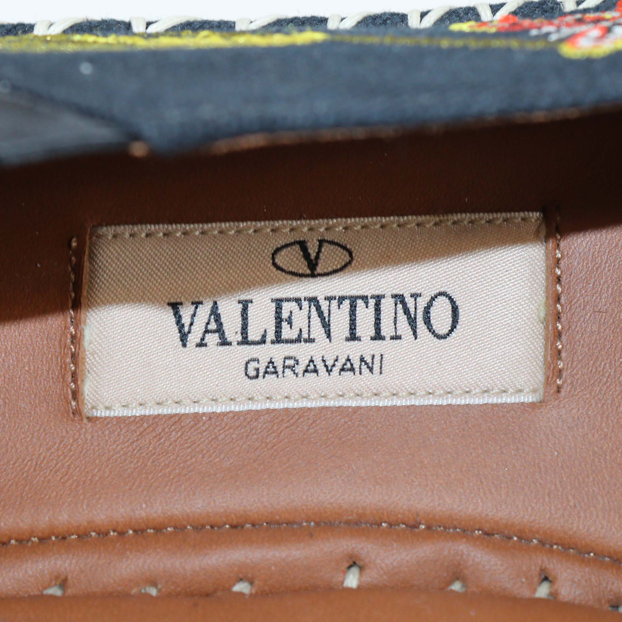 Valentino Black Canvas and Leather Rockstud Floral Embroidered Espadrille Flats