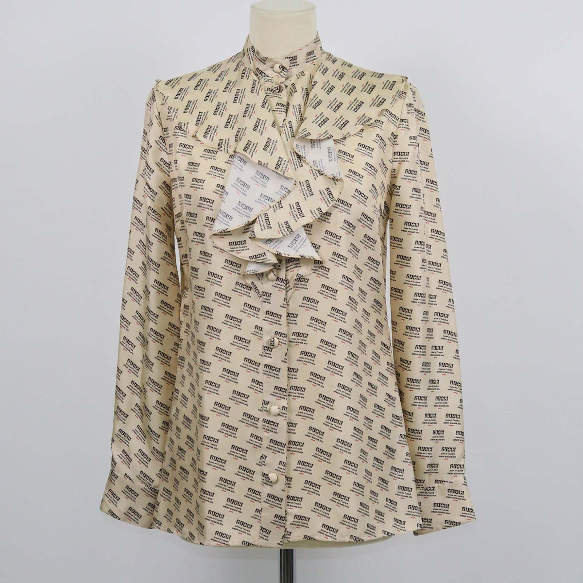 Gucci Beige Silk Invite Stamp Print Ruffled Longsleeve Shirt