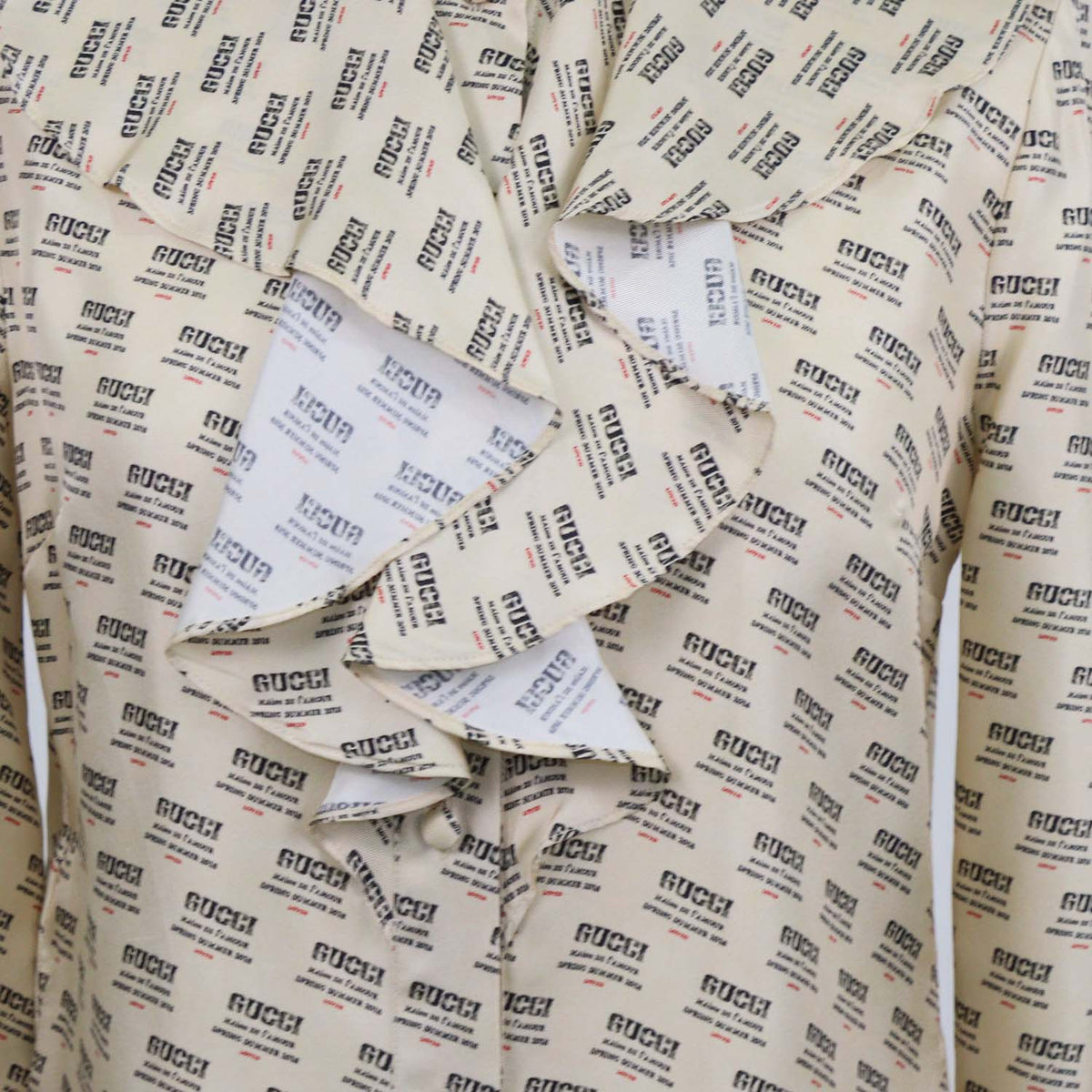 Gucci Beige Silk Invite Stamp Print Ruffled Longsleeve Shirt