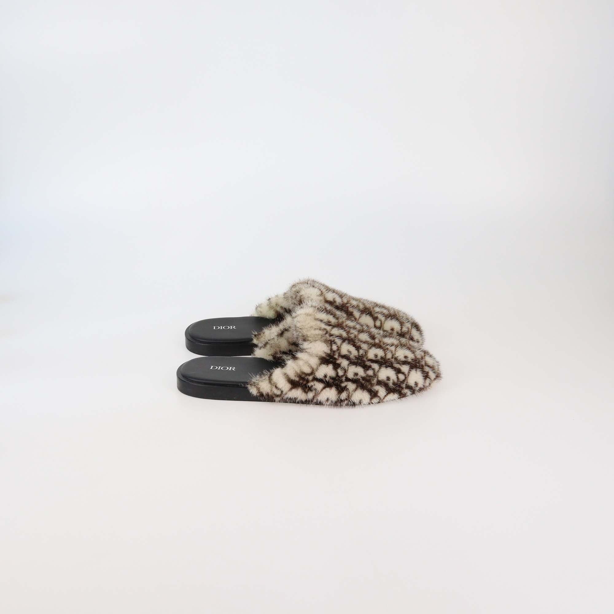 Christian Dior Brown/White Oblique Mink Fur Mules