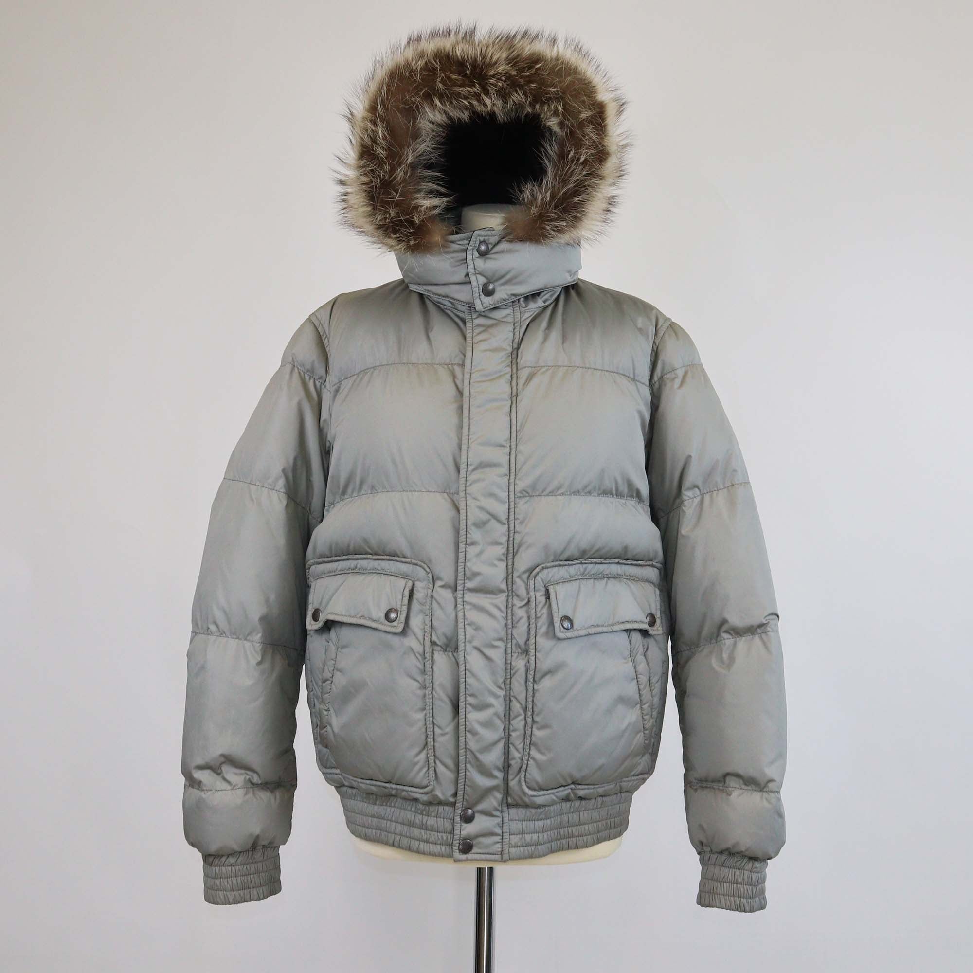 Prada Grey Nylon Padded Down Jacket w/ Detachable Fur Trim Hoodie