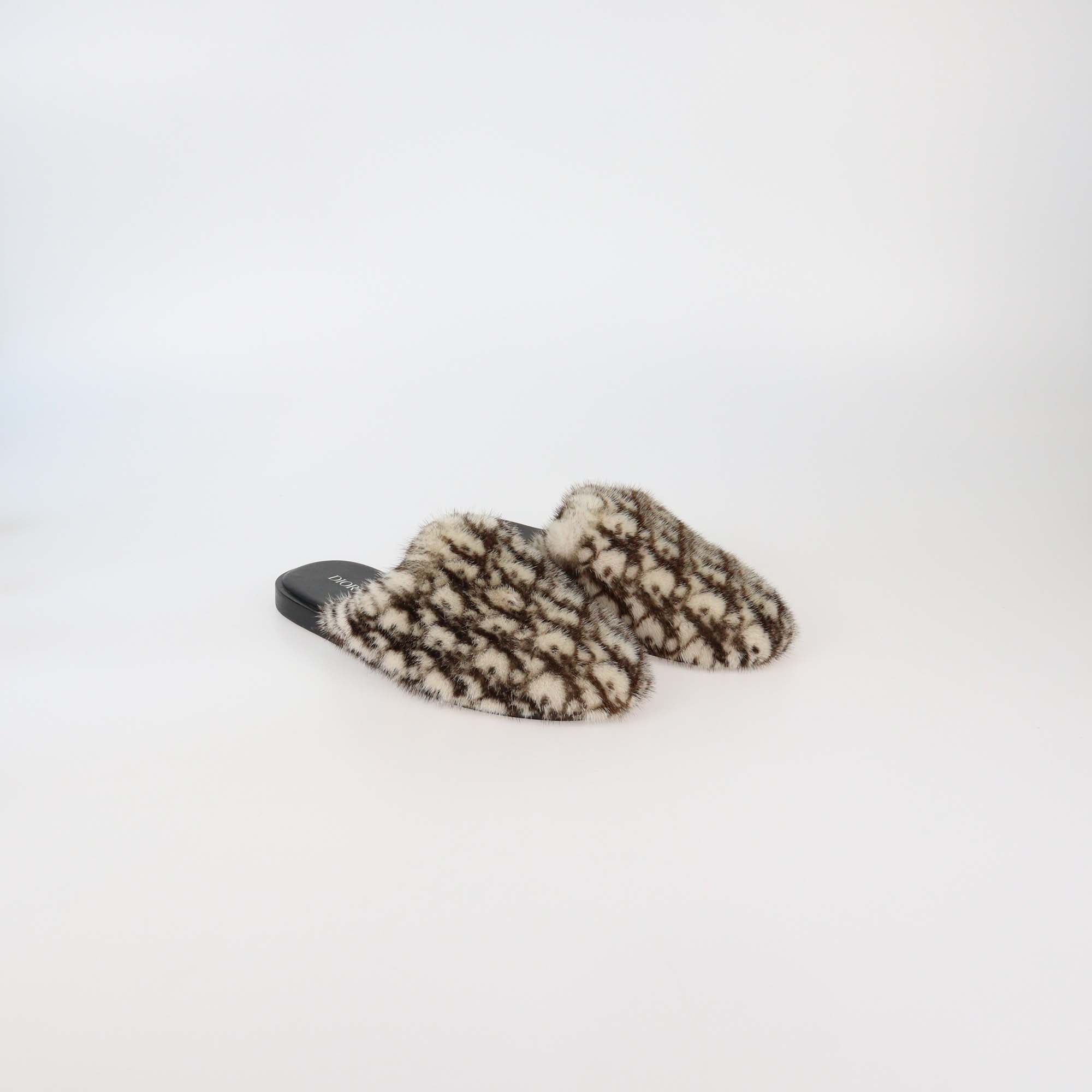 Christian Dior Brown/White Oblique Mink Fur Mules