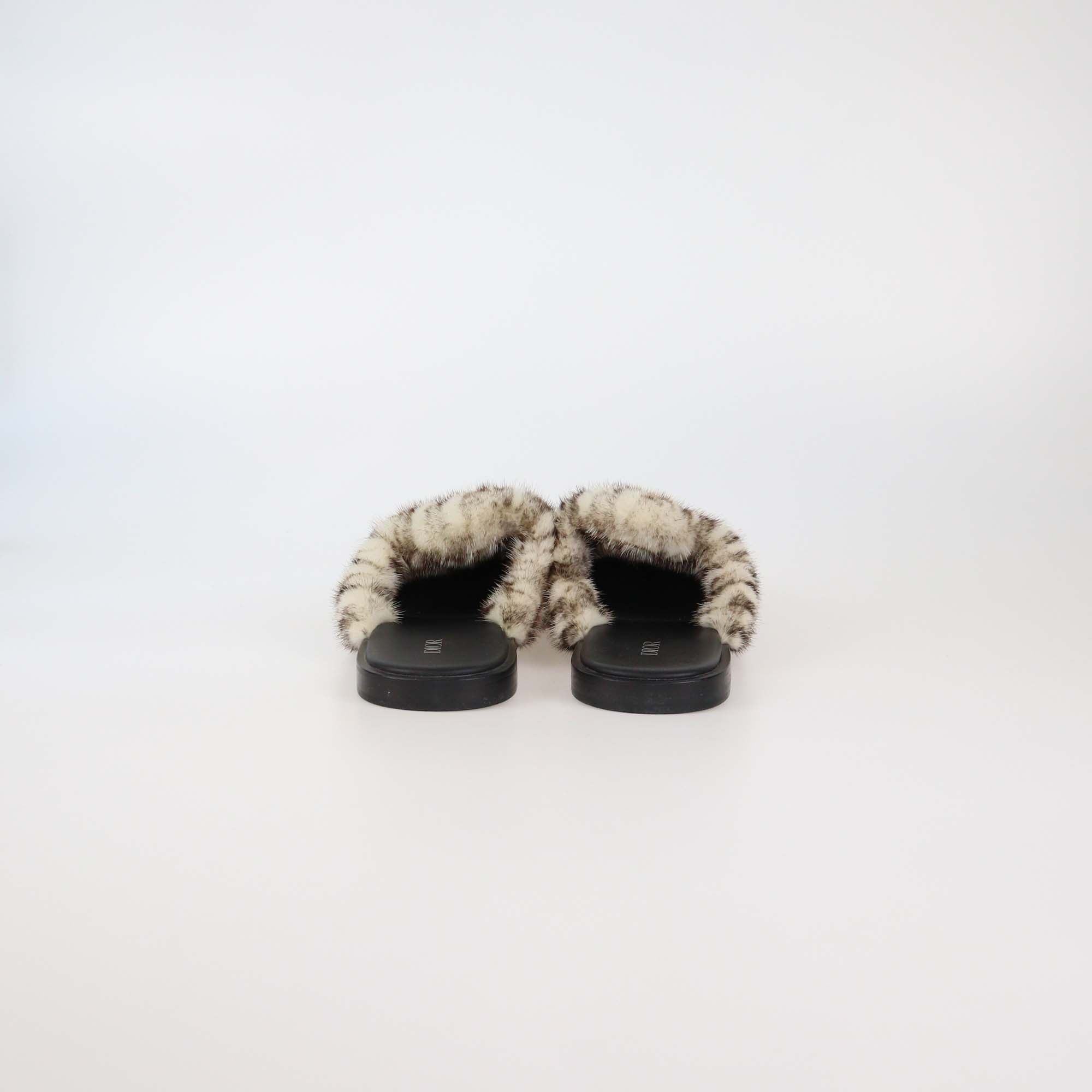 Christian Dior Brown/White Oblique Mink Fur Mules