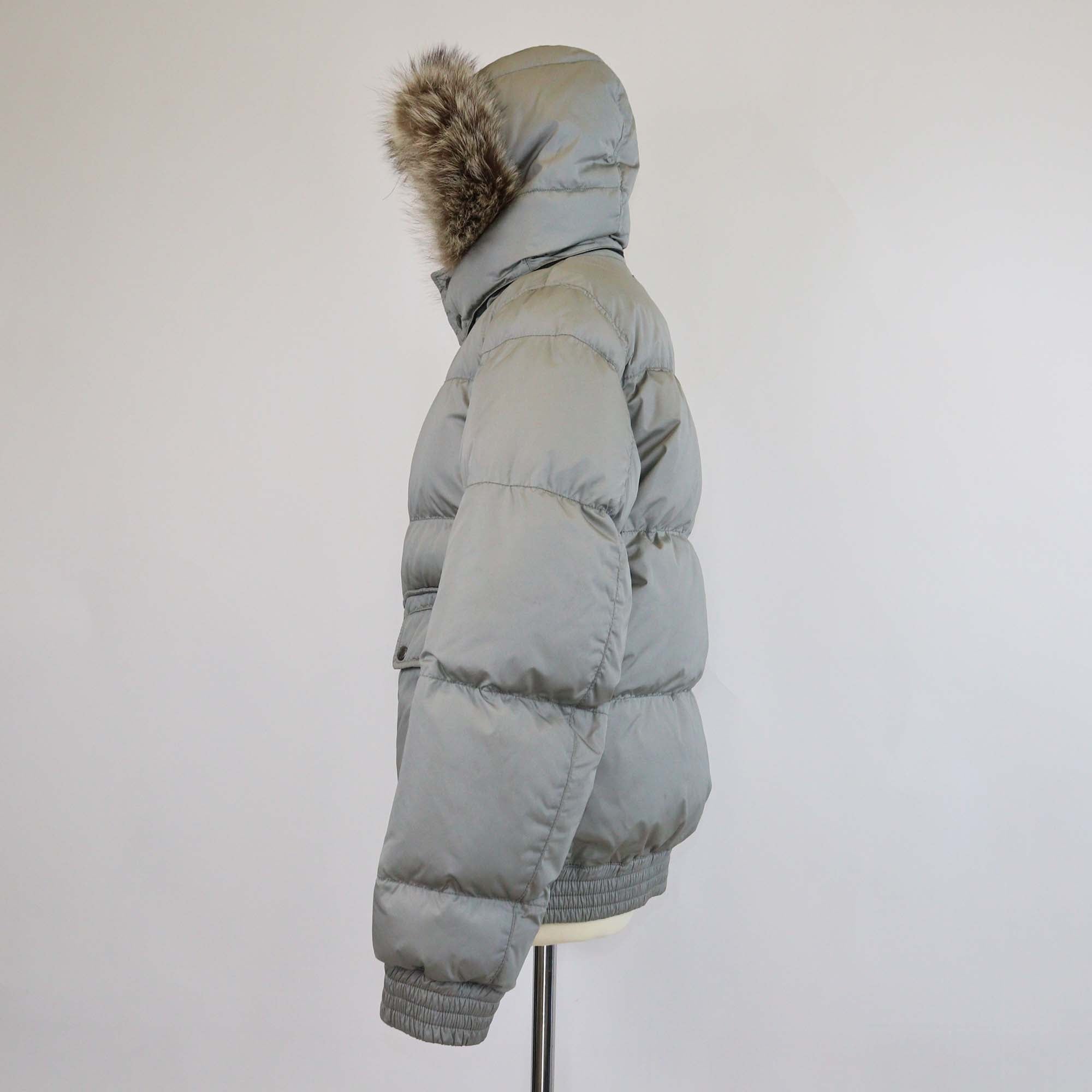 Prada Grey Nylon Padded Down Jacket w/ Detachable Fur Trim Hoodie