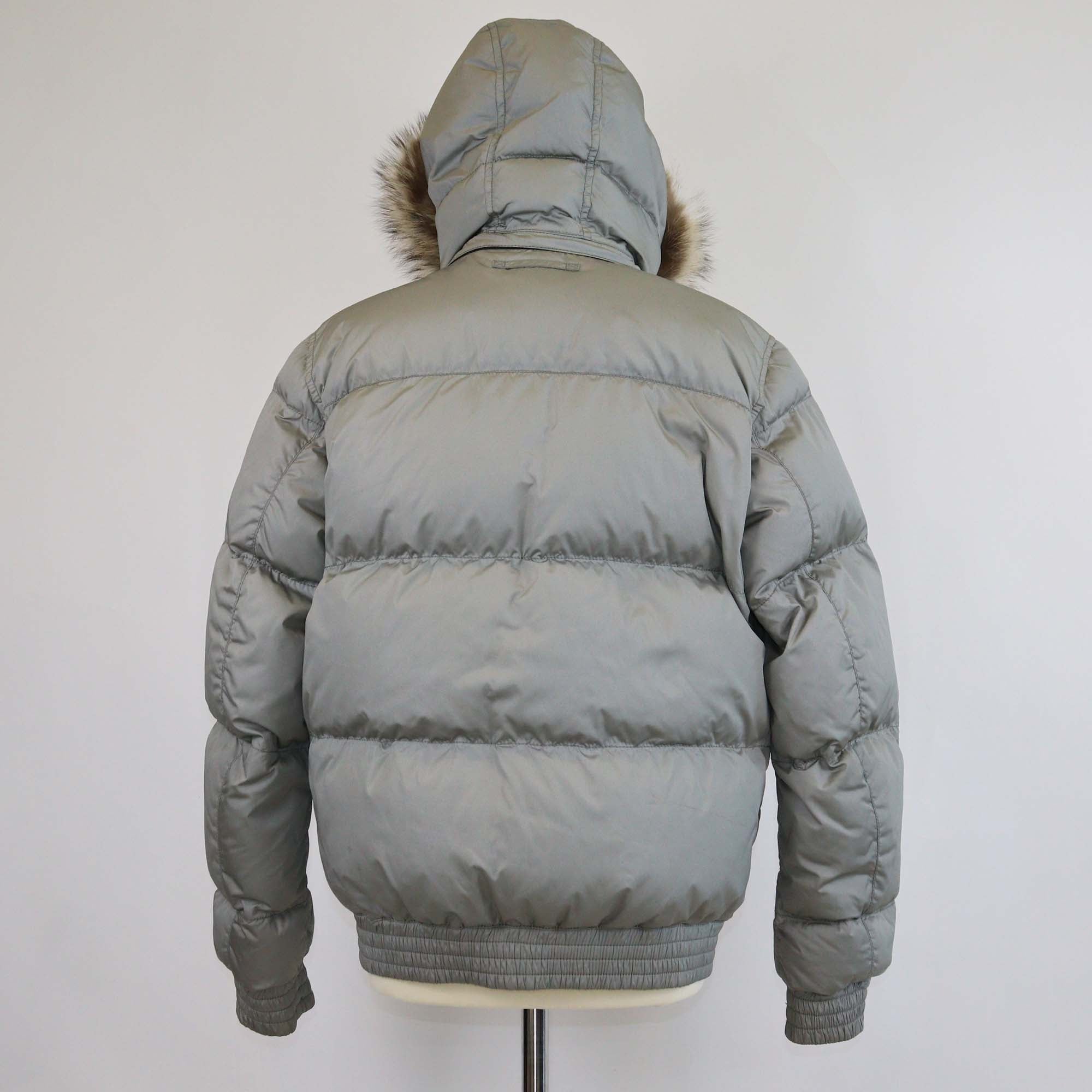Prada Grey Nylon Padded Down Jacket w/ Detachable Fur Trim Hoodie