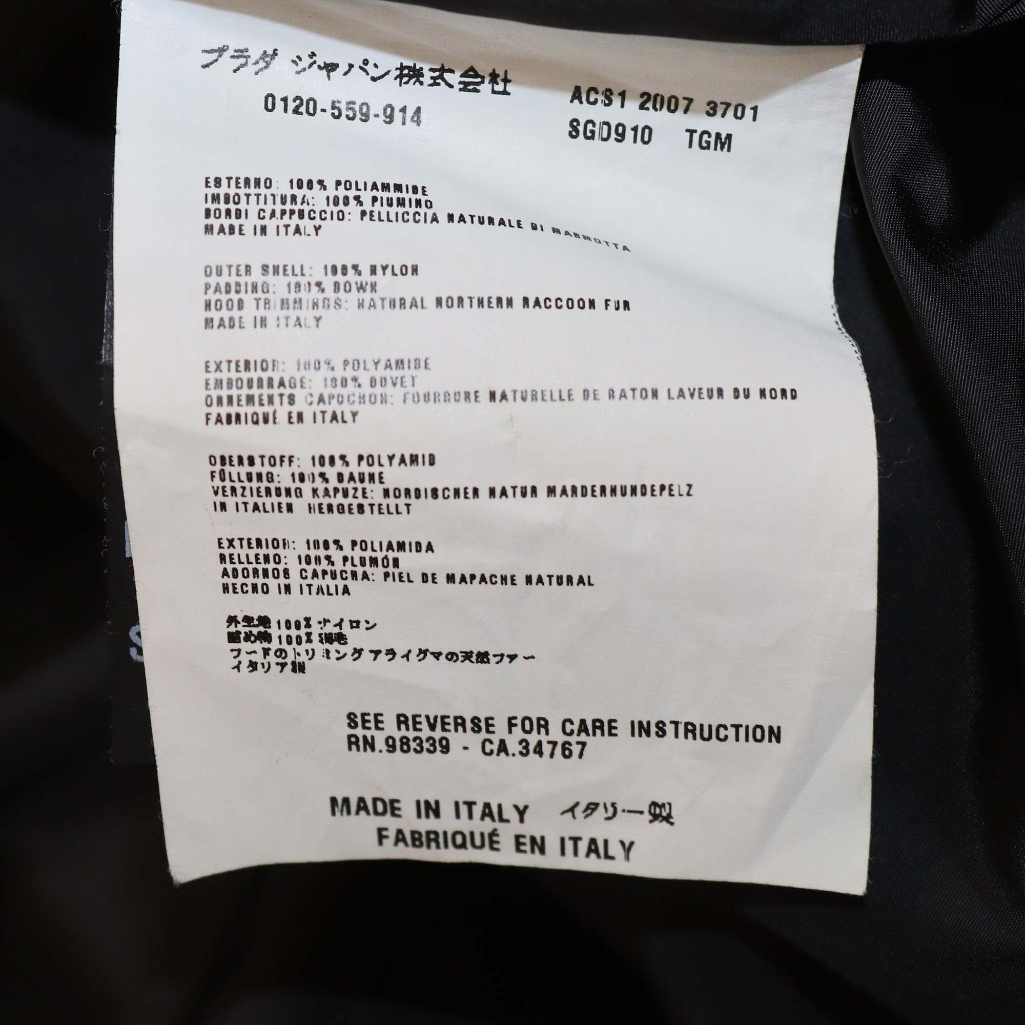 Prada Grey Nylon Padded Down Jacket w/ Detachable Fur Trim Hoodie