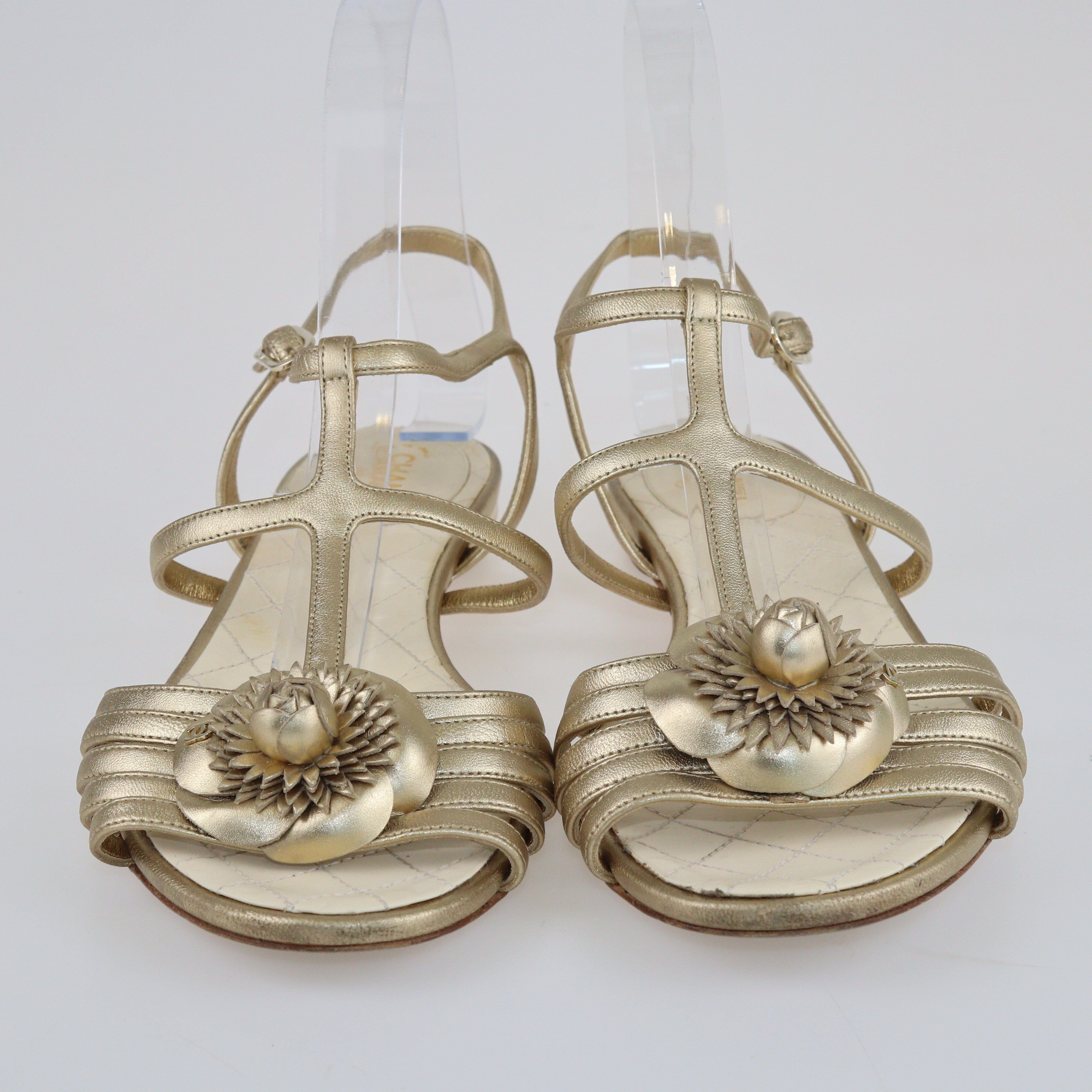 Gold Camellia Ankle Strap Sandal Shoes Chanel 