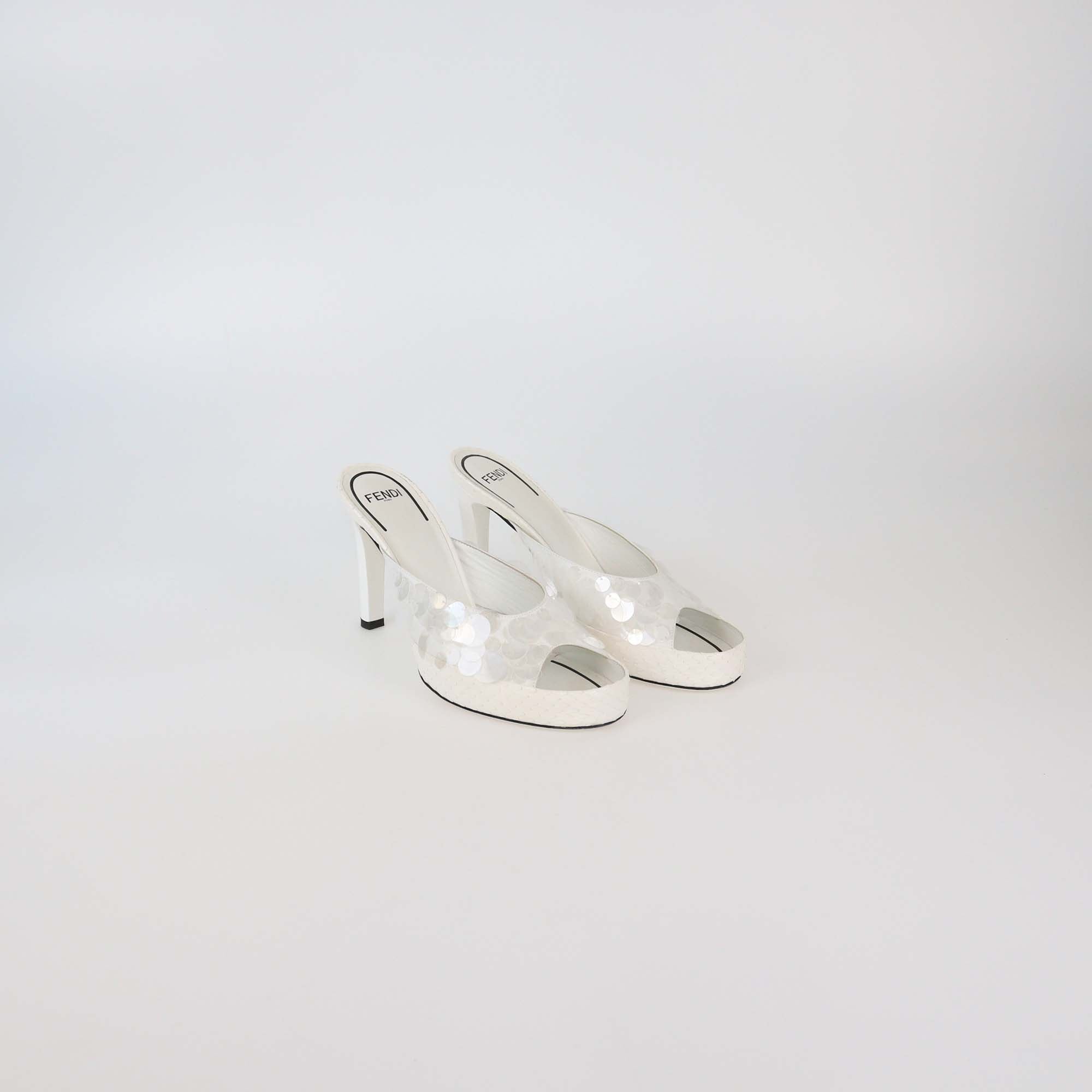 Fendi White Sequins and Snake Mules