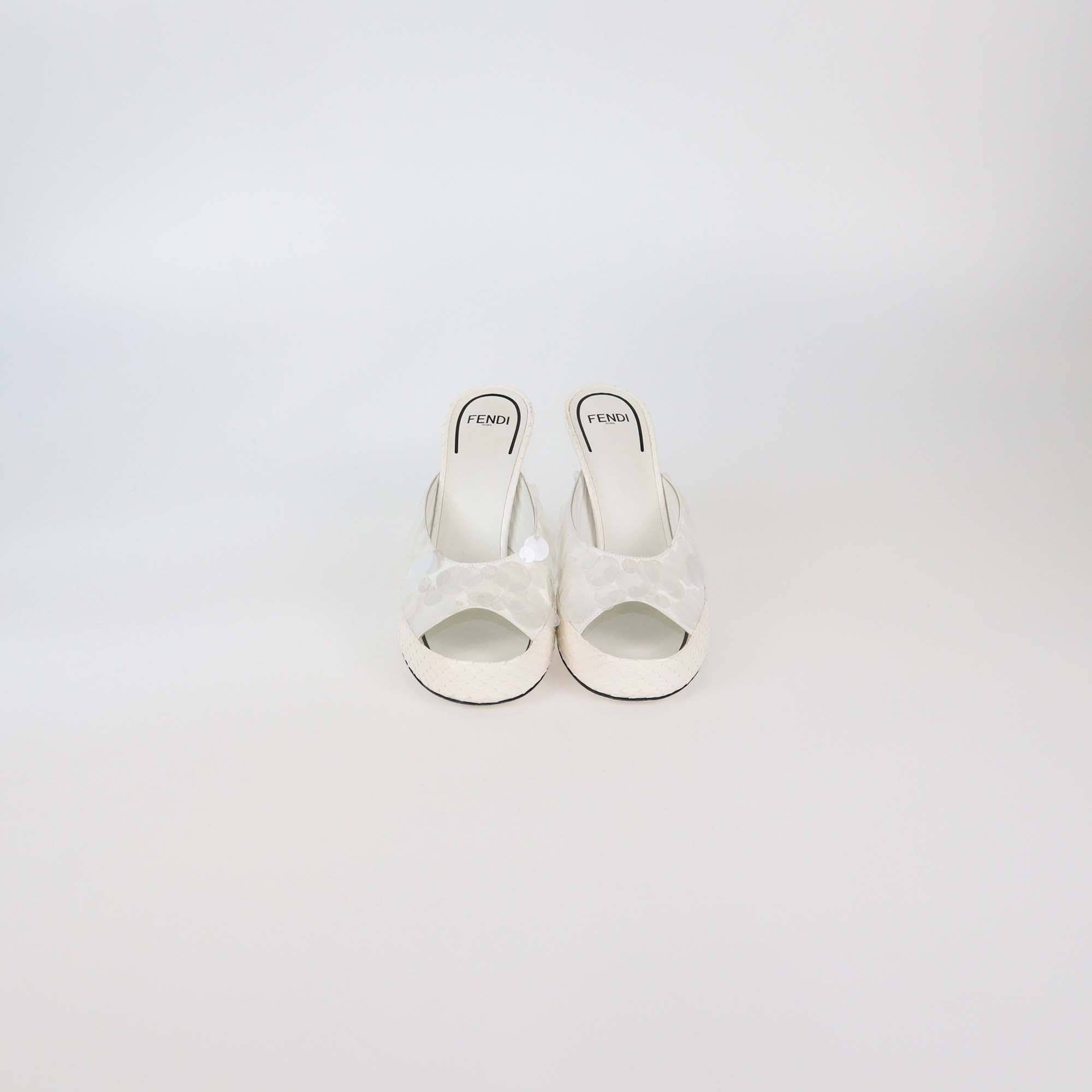 Fendi White Sequins and Snake Mules