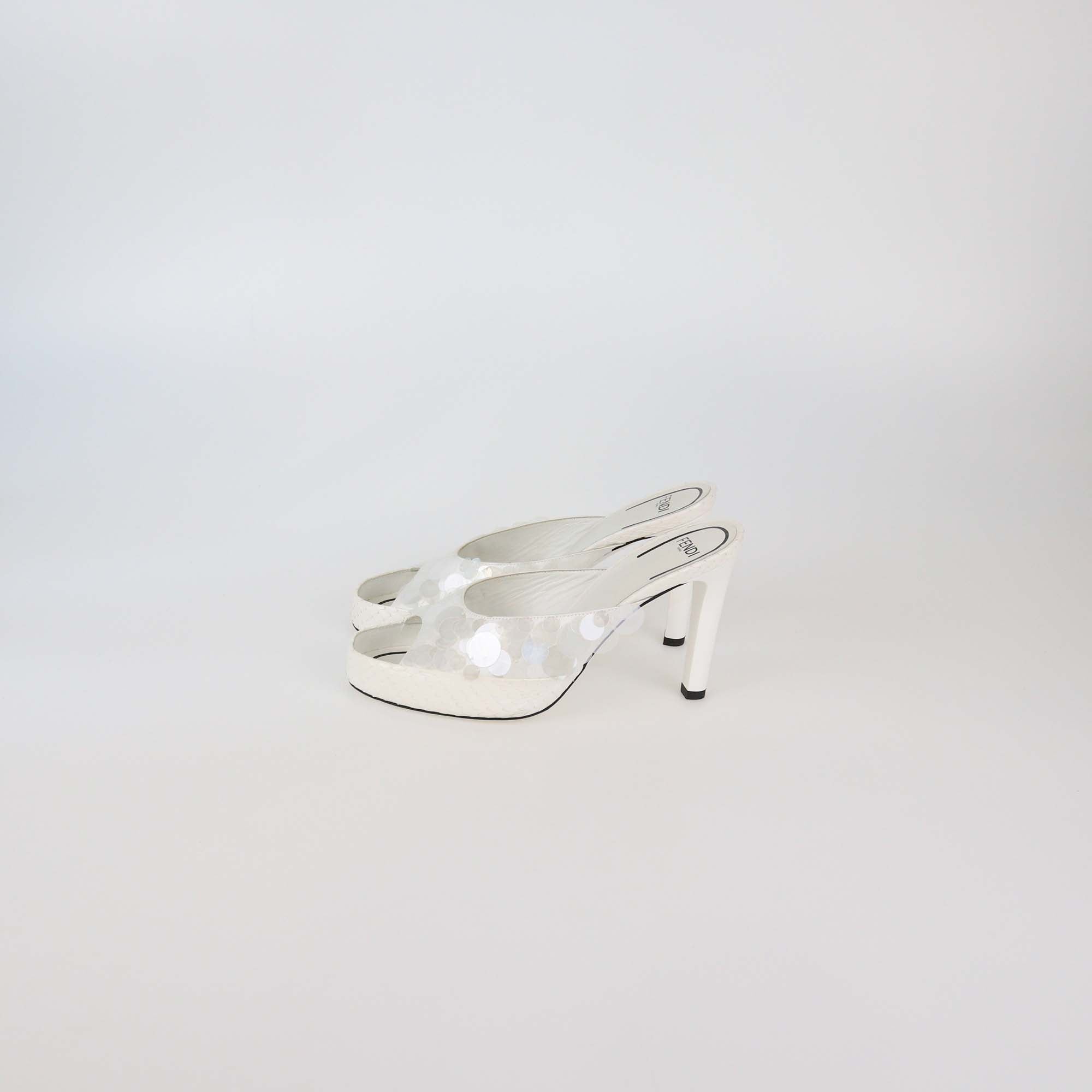 Fendi White Sequins and Snake Mules