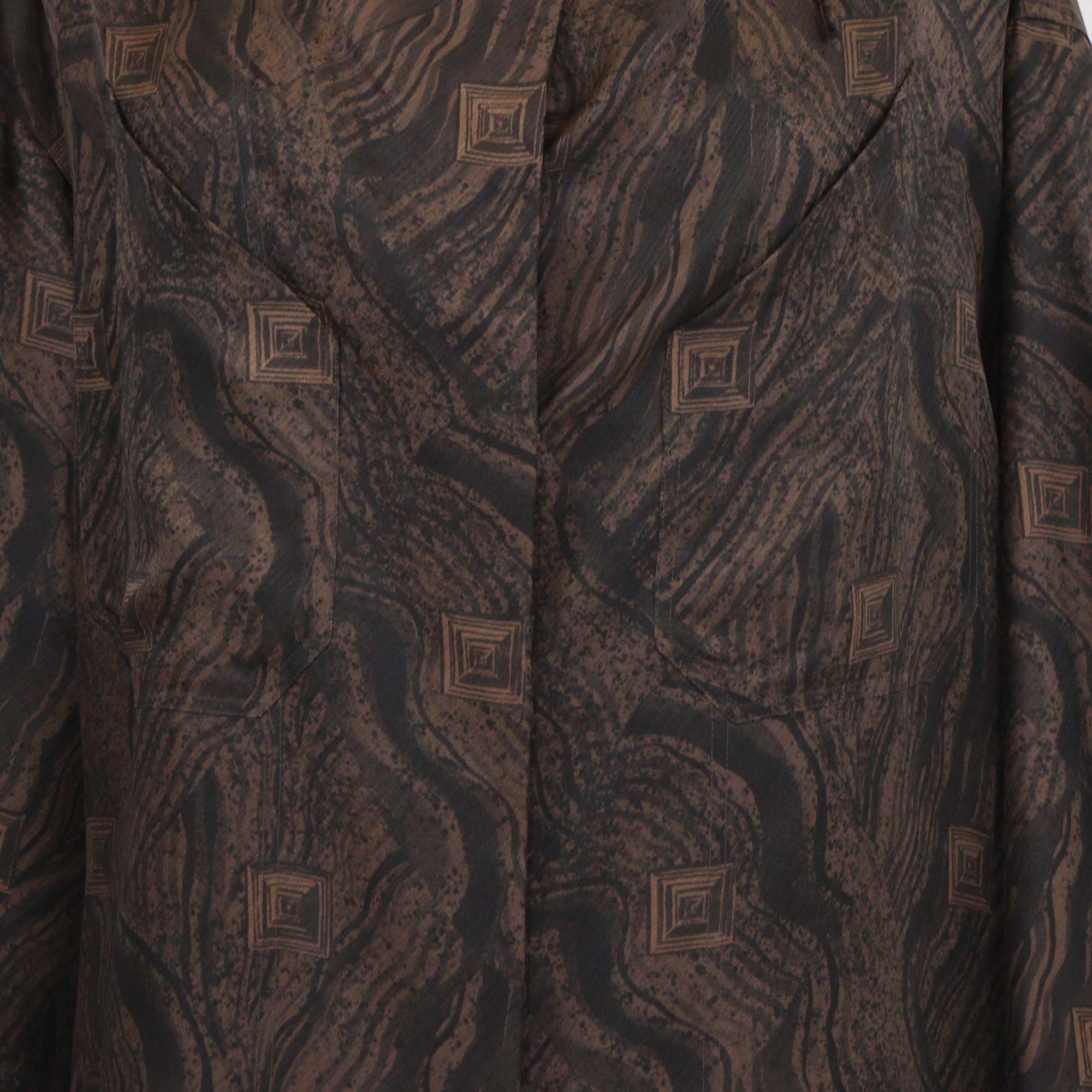 Hermes Brown Silk Marbre Mosaique Medor Draped Collar Wide Shirt