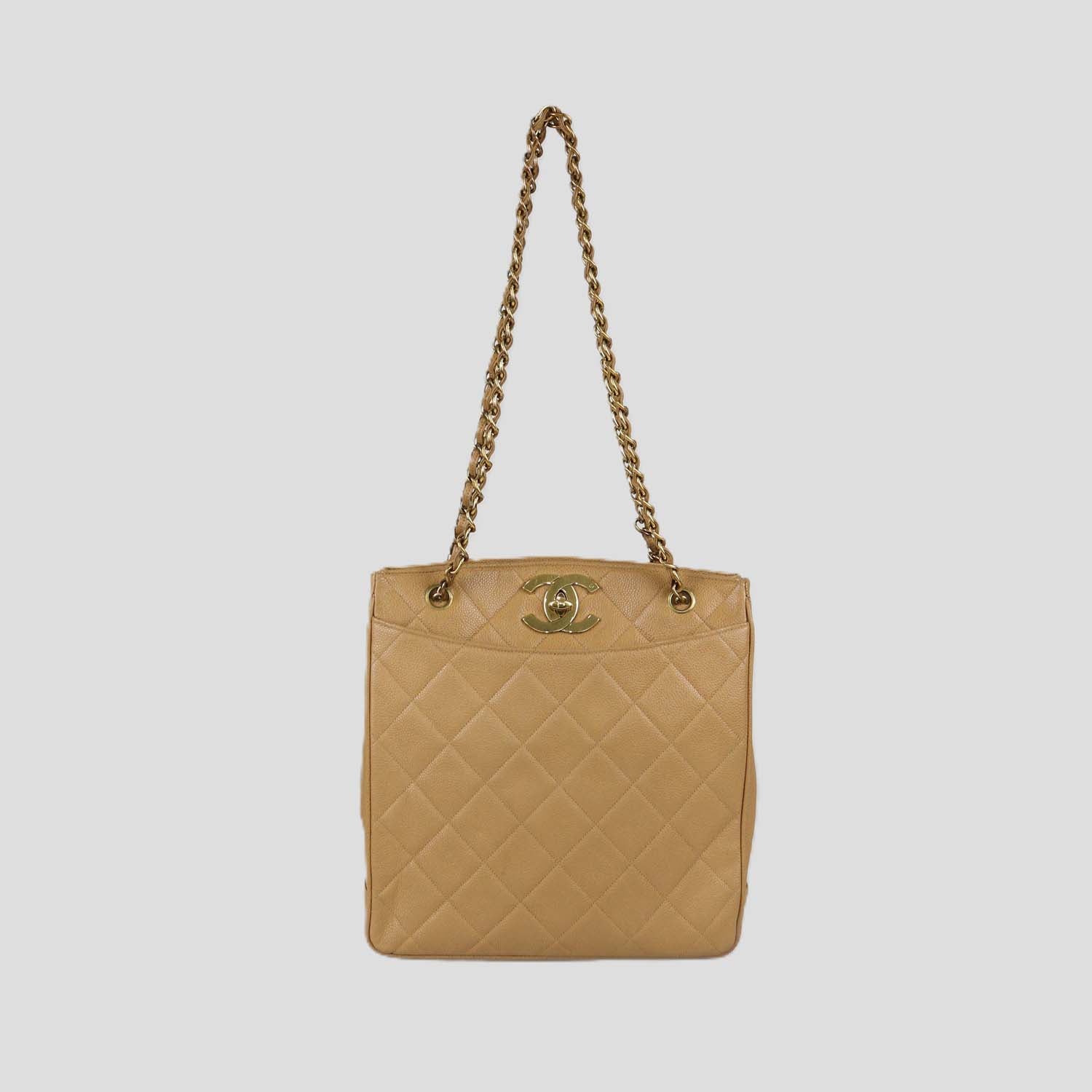 Chanel Beige Quilted Caviar Leather Vintage CC Chain Turn Lock Tote