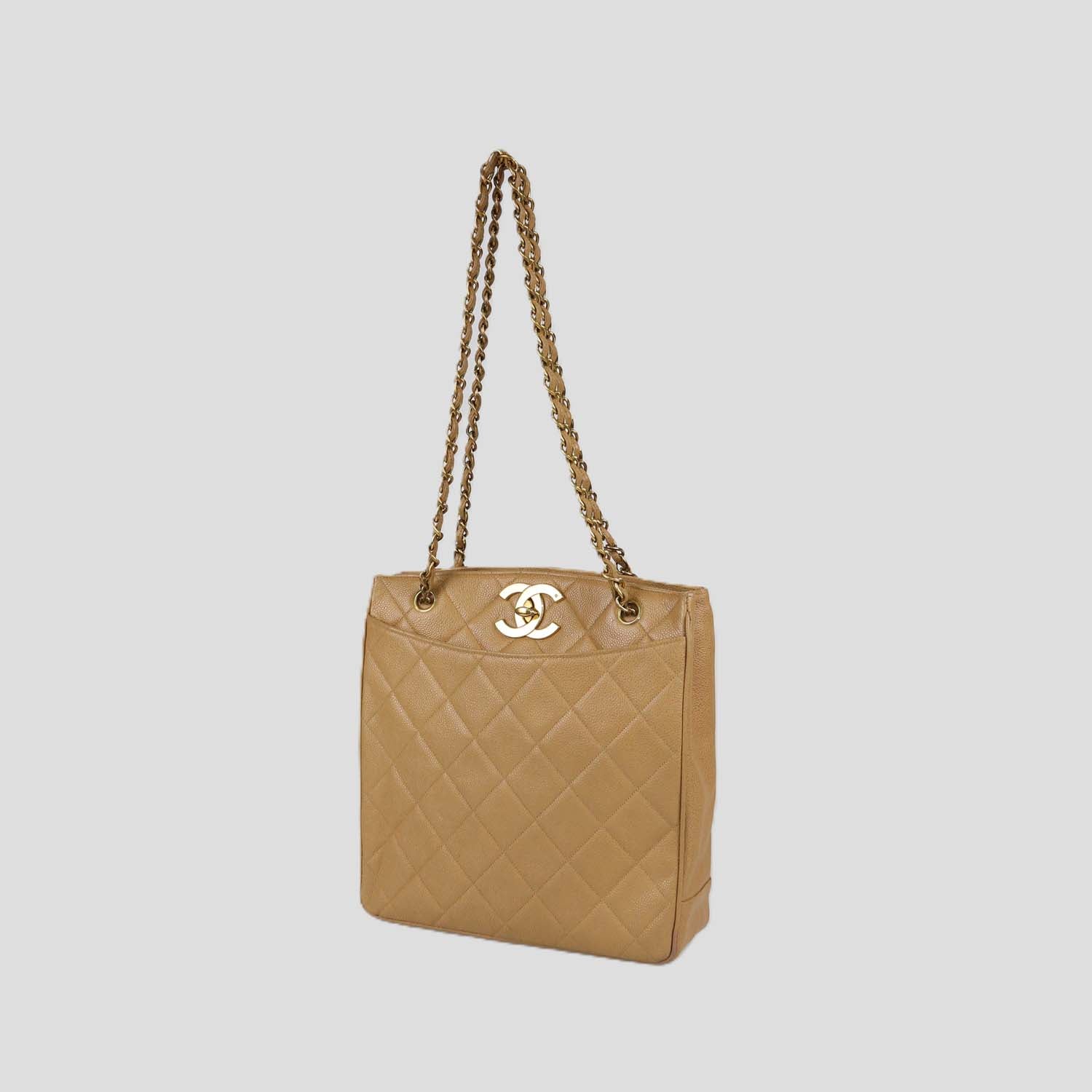 Chanel Beige Quilted Caviar Leather Vintage CC Chain Turn Lock Tote