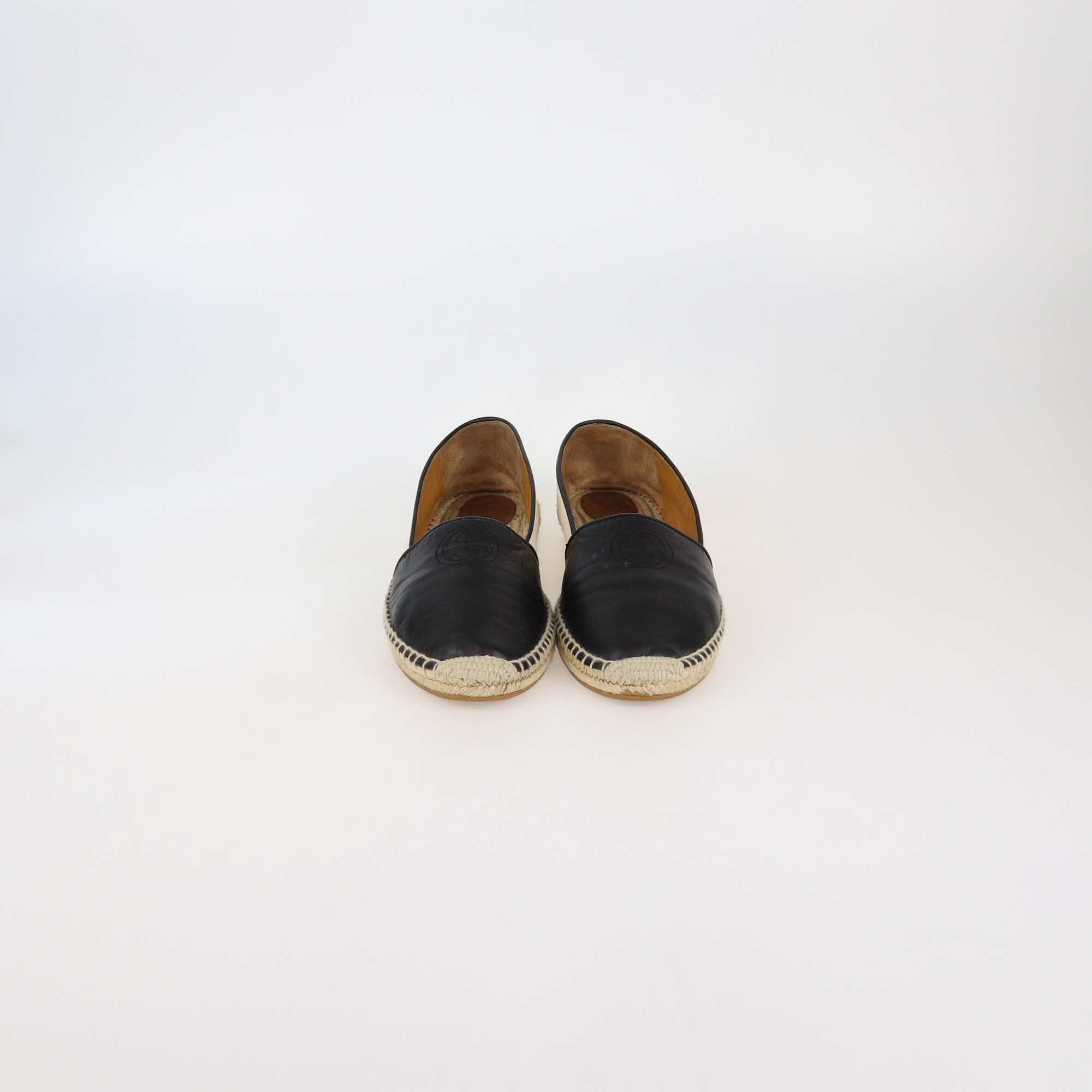 Gucci Black/Off White Canvas & Leather Interlocking G Espadrille Flats
