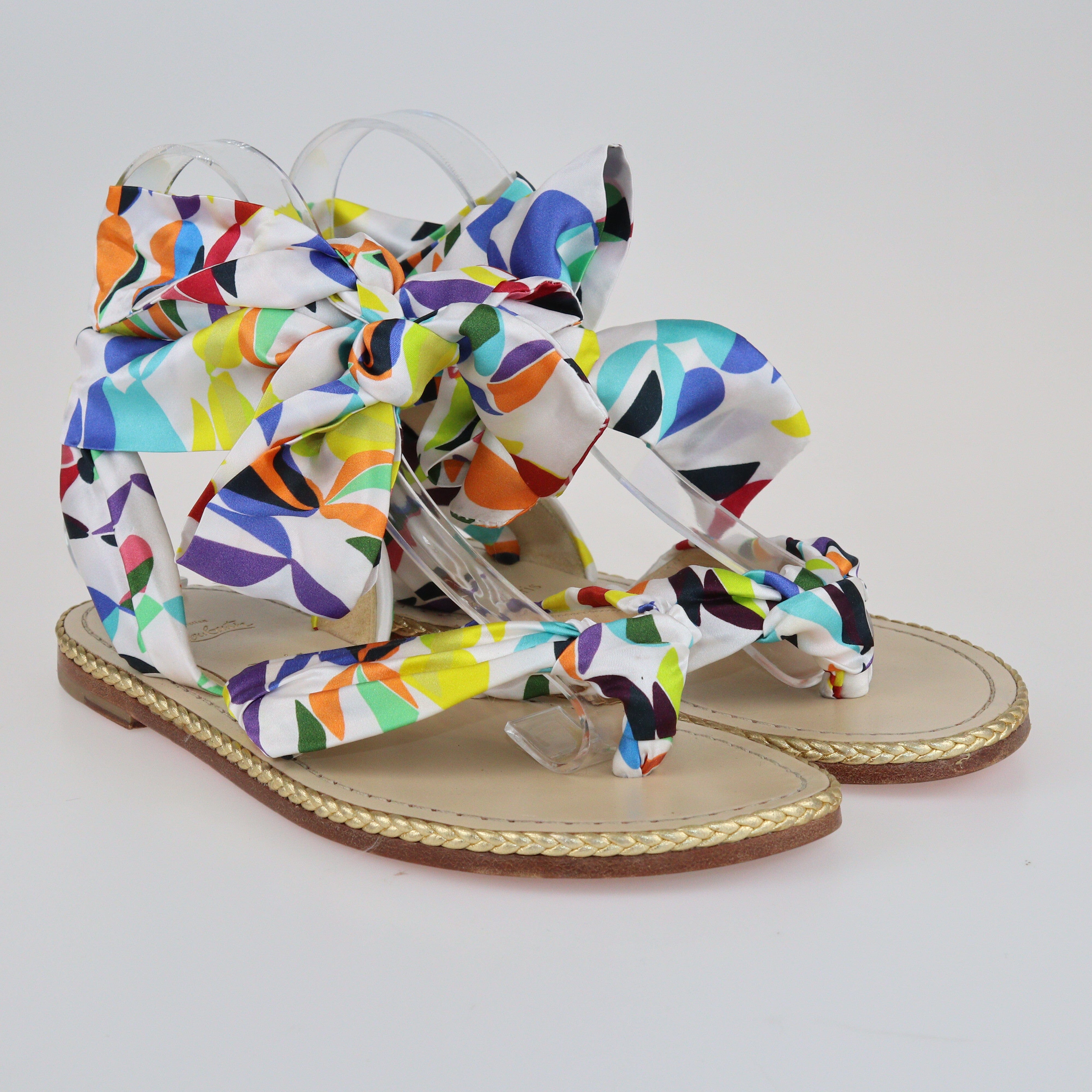 Multicolor Printed Satin Niloofar Ankle Wrap Flat Sandals Shoes Christian Louboutin 