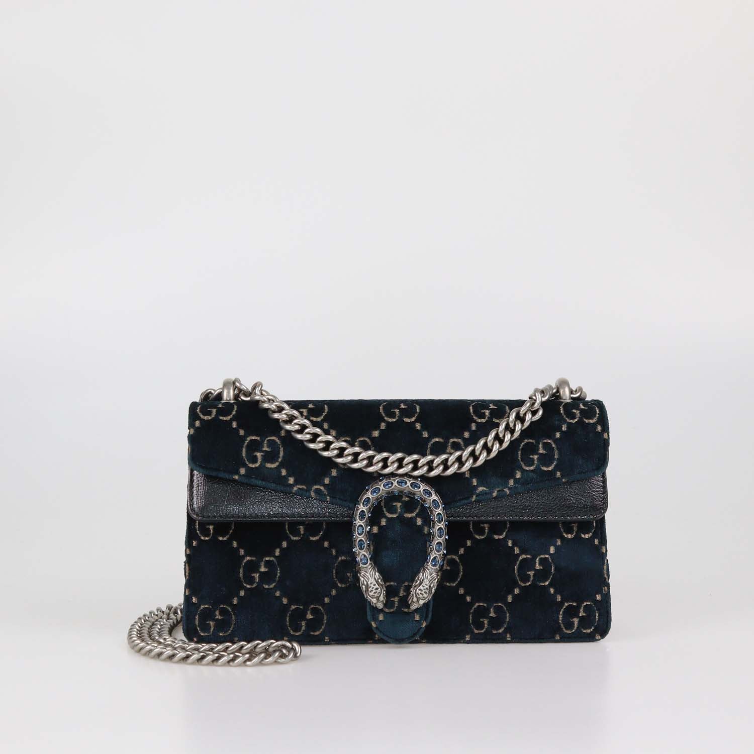 Gucci Teal/Black GG Velvet and Leather Small Rectangular Dionysus Shoulder Bag