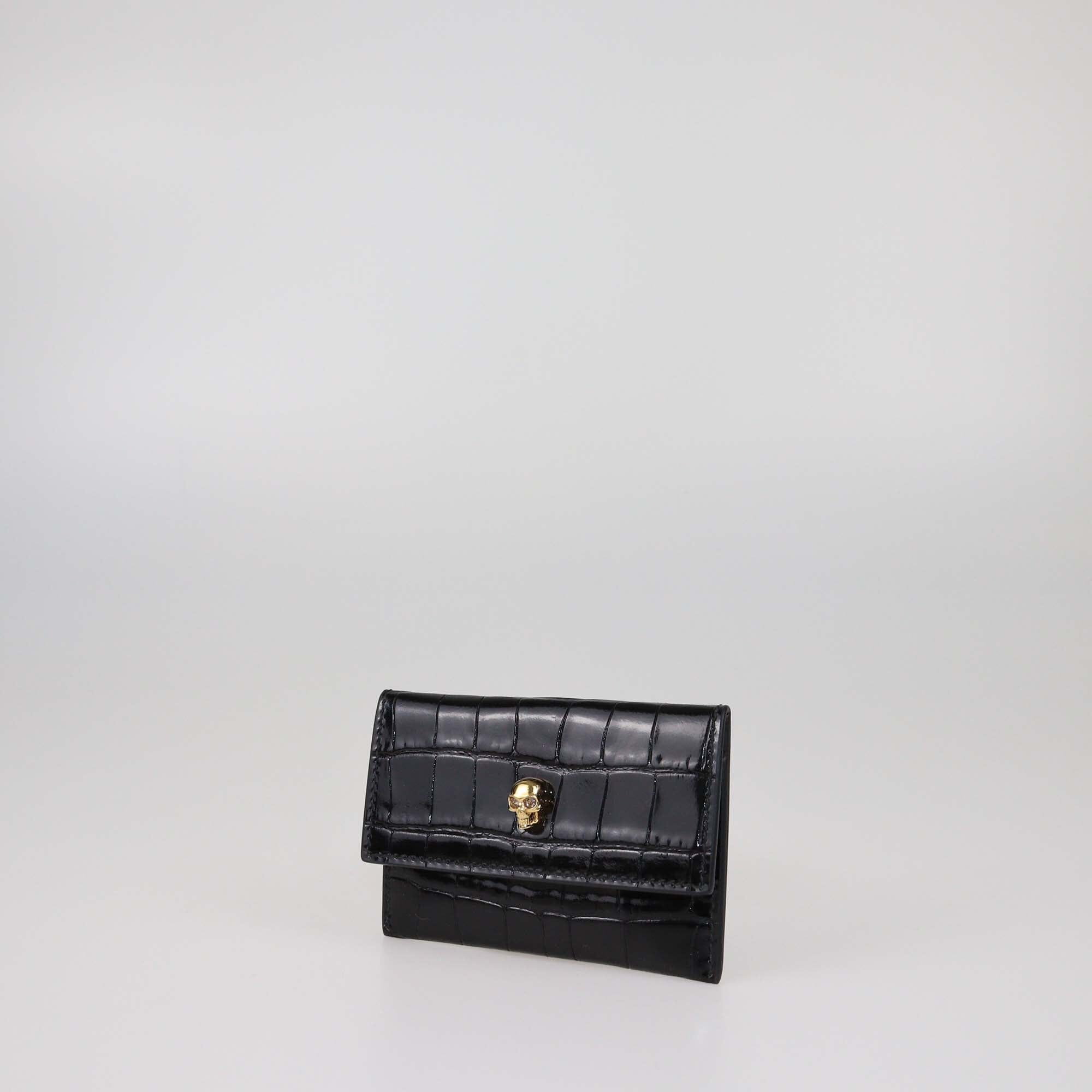 Alexander McQueen Black Croc Embossed Skull Card Case Womens Alexander McQueen