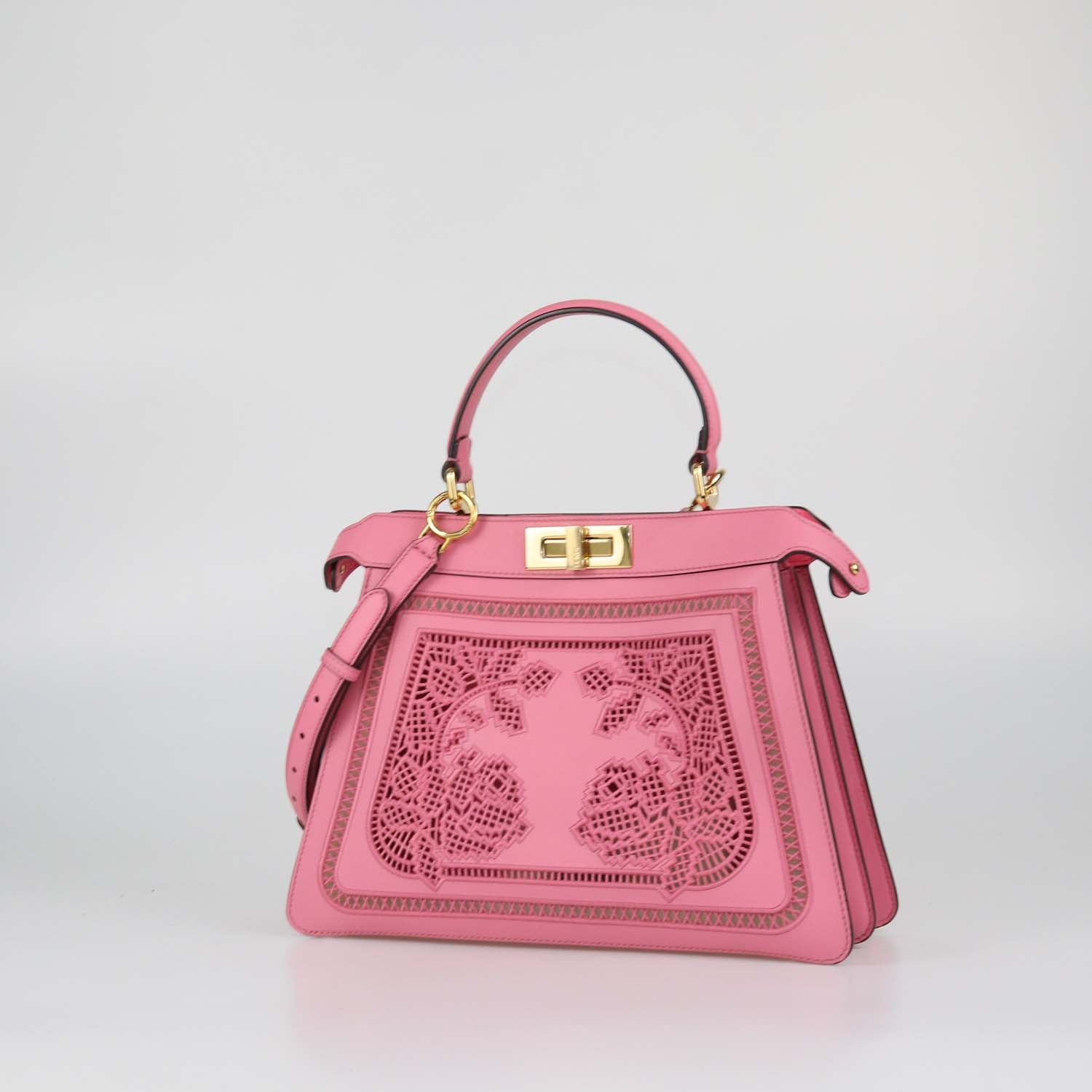 Fendi Pink Leather Laser Cut Lace Embroidered Medium Peekaboo IseeU Bag