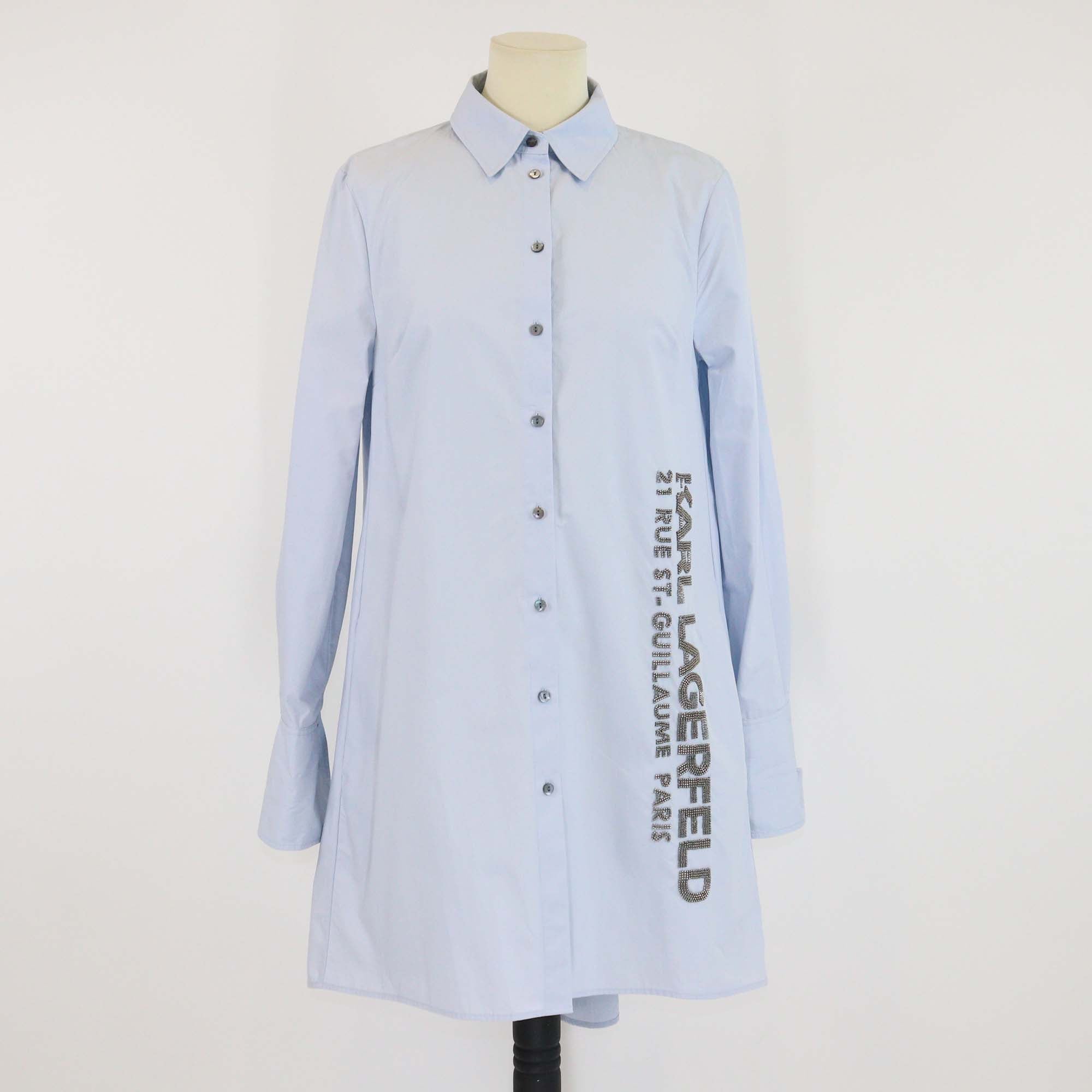 Karl Lagerfeld Light Blue Beaded Logo Poplin Long Shirt