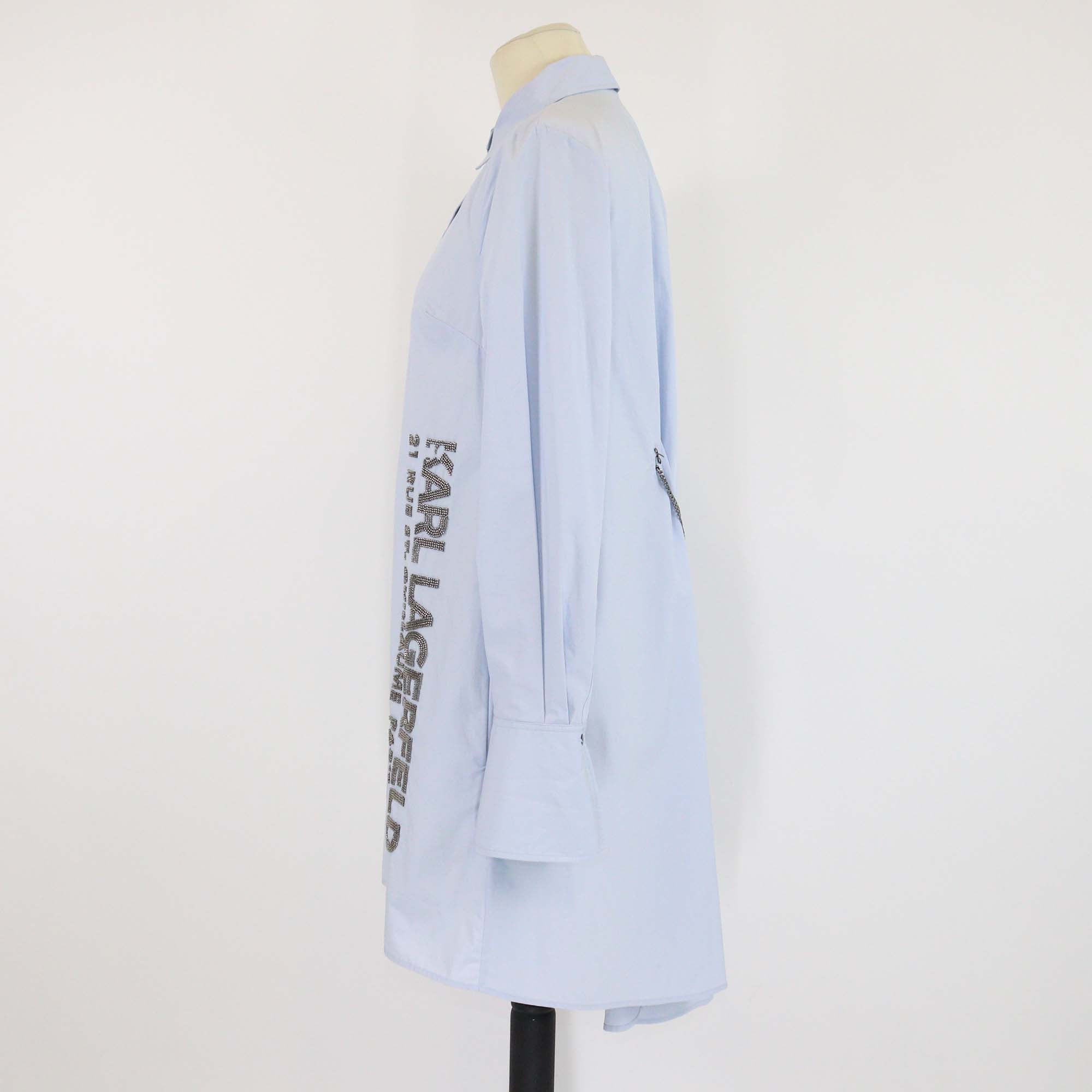 Karl Lagerfeld Light Blue Beaded Logo Poplin Long Shirt