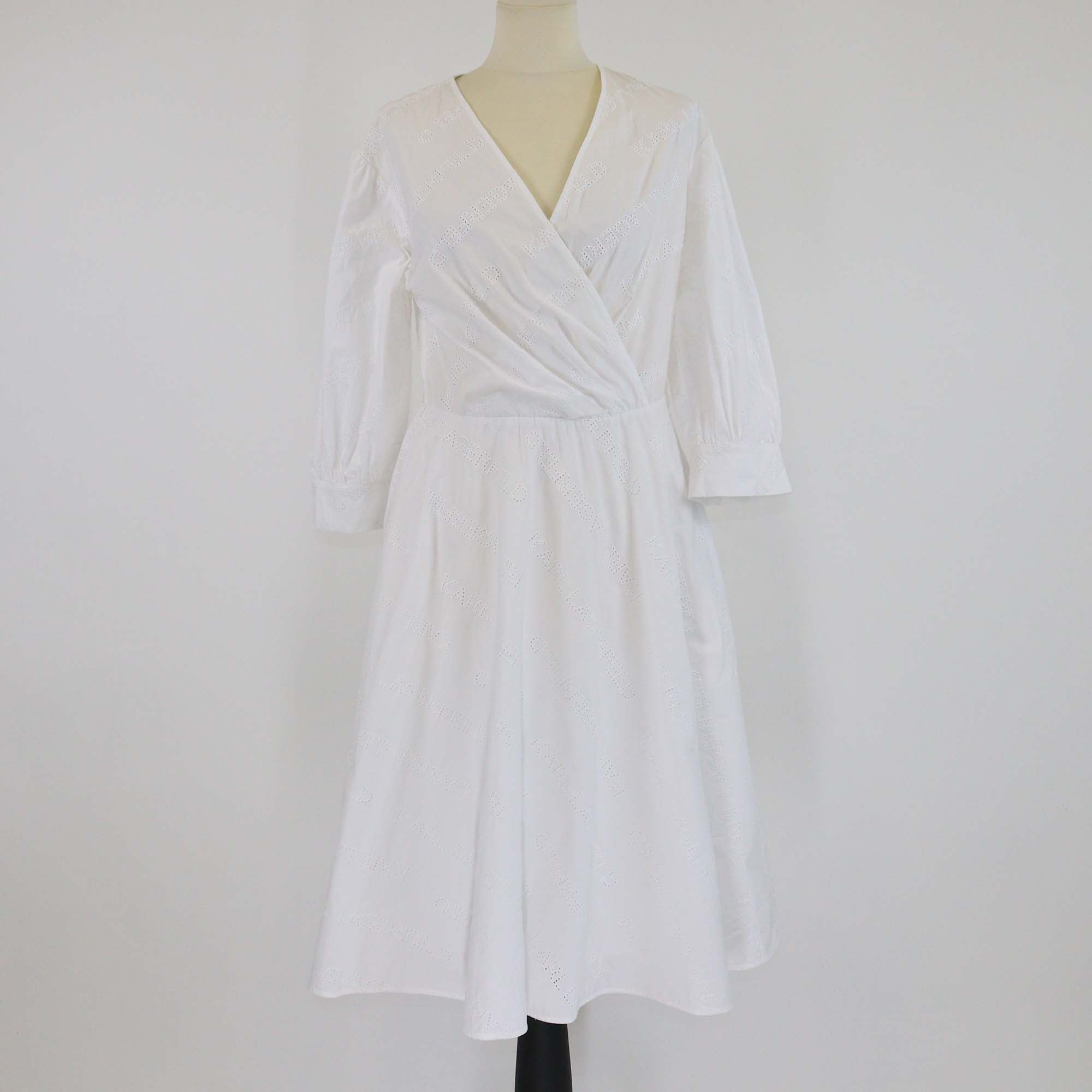 Karl Lagerfeld White Logo Embroidered Cotton Long Sleeve V Neck Midi Dress