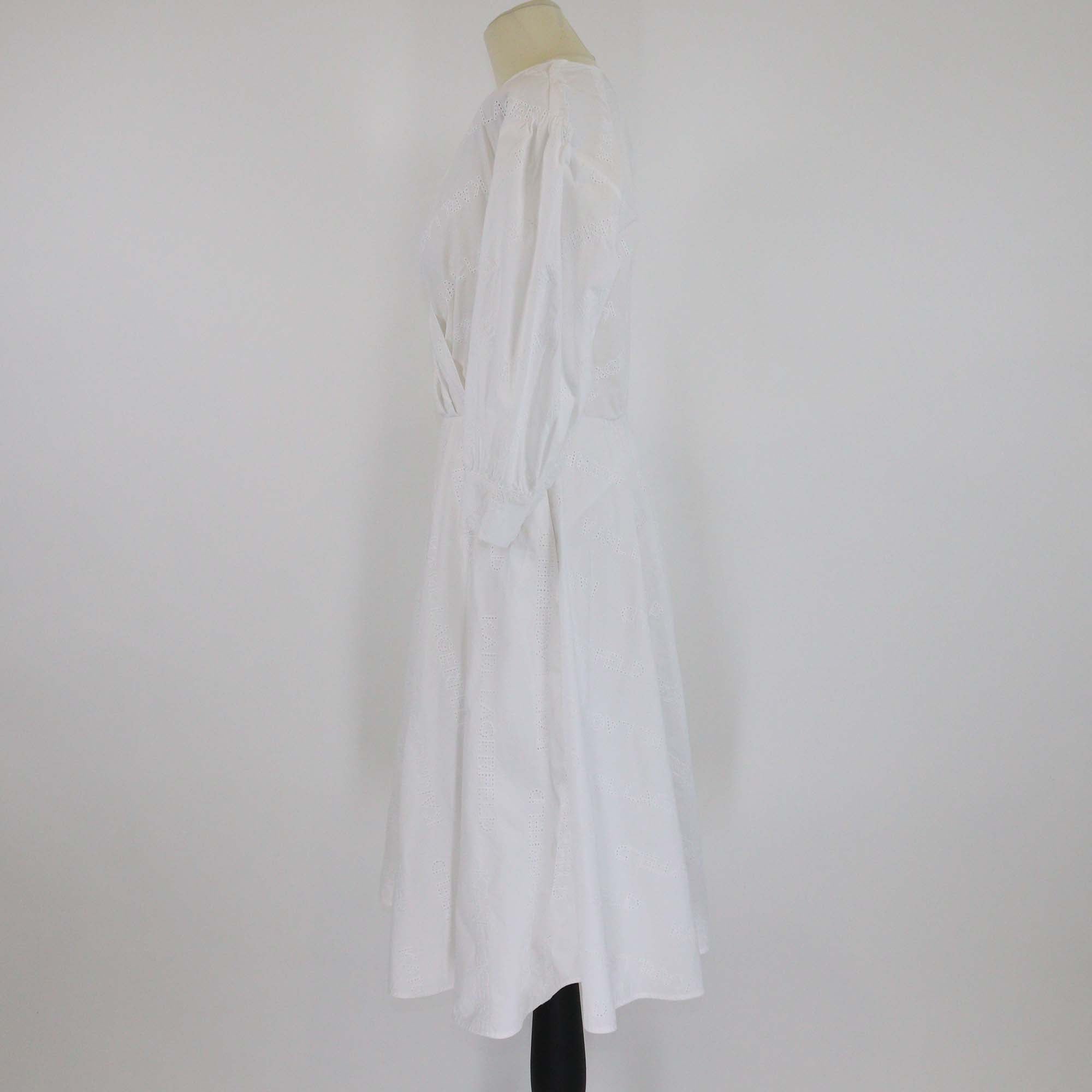 Karl Lagerfeld White Logo Embroidered Cotton Long Sleeve V Neck Midi Dress
